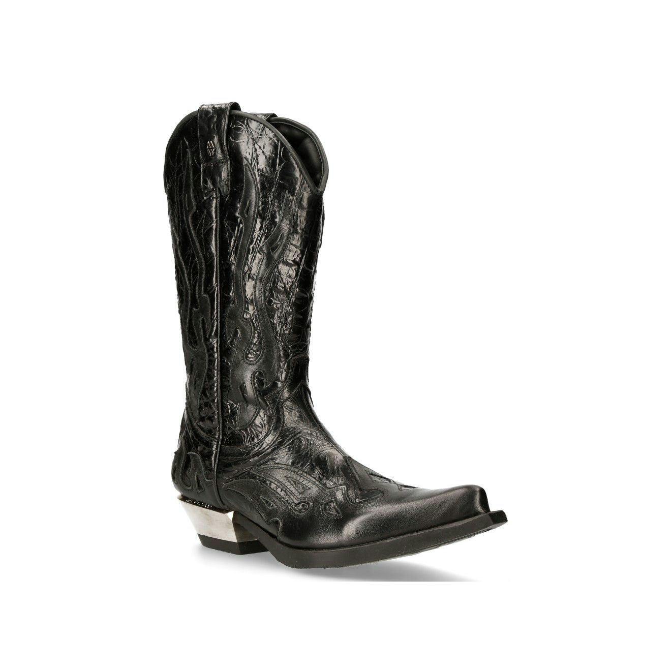 New Rock Black Flame Accented Leather Biker Cowboy Boots- M-7921-S1 - Uk 7 | Eu 41 | Us 9.5