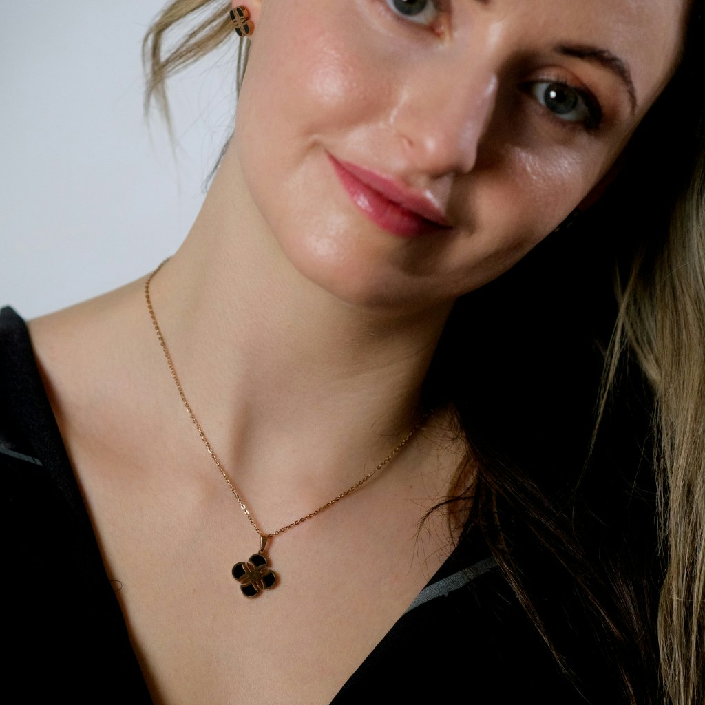 The Colourful Aura Black Enamel Minimalistic Clover Pendant Necklace And Earring Set