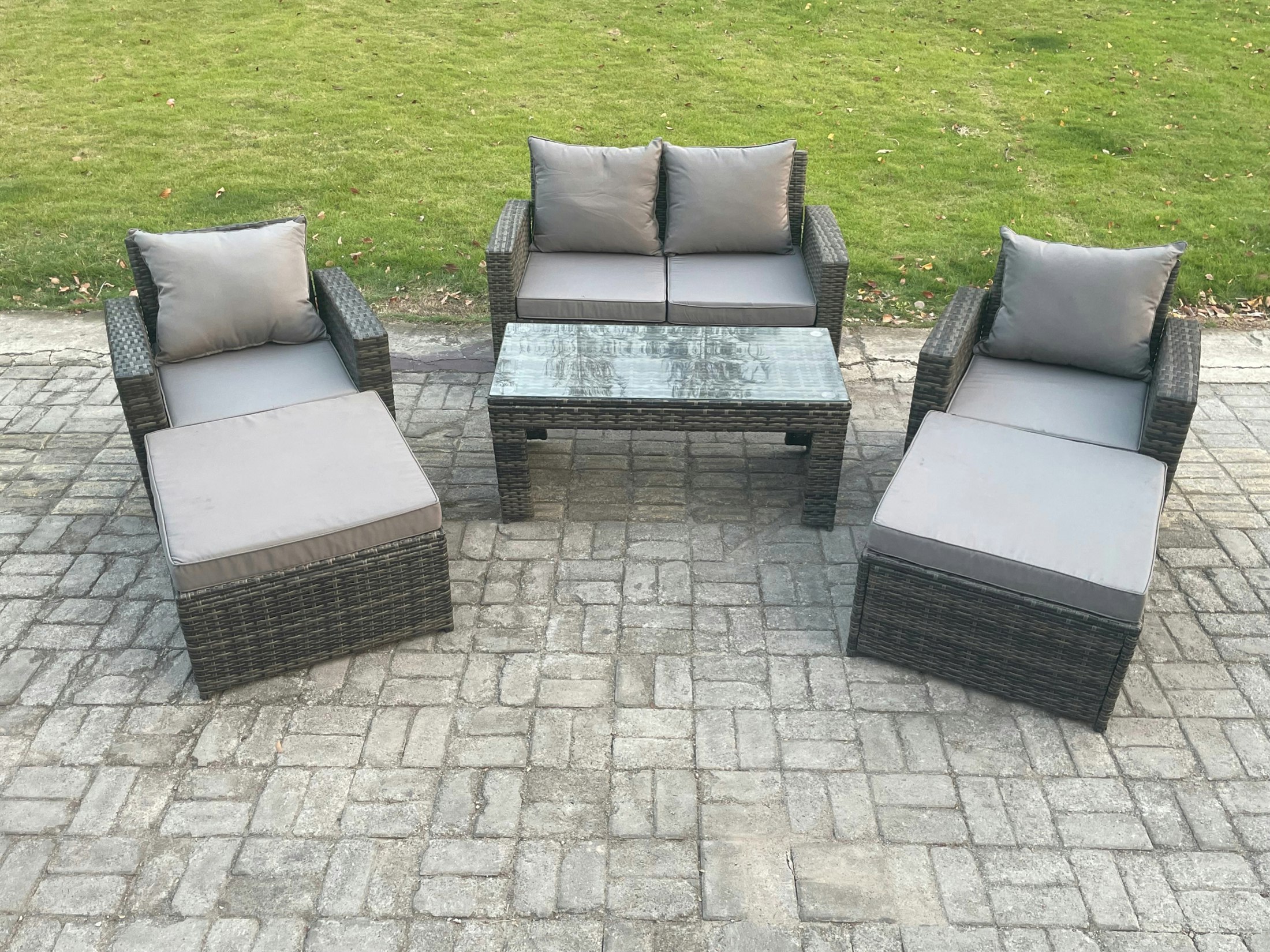 Rackhams Dark/Grey 6 Seater High Back Rattan Garden Furniture Sofa Sets With Rectangular Coffee Table Armchair 2 Big Footstool Mixed