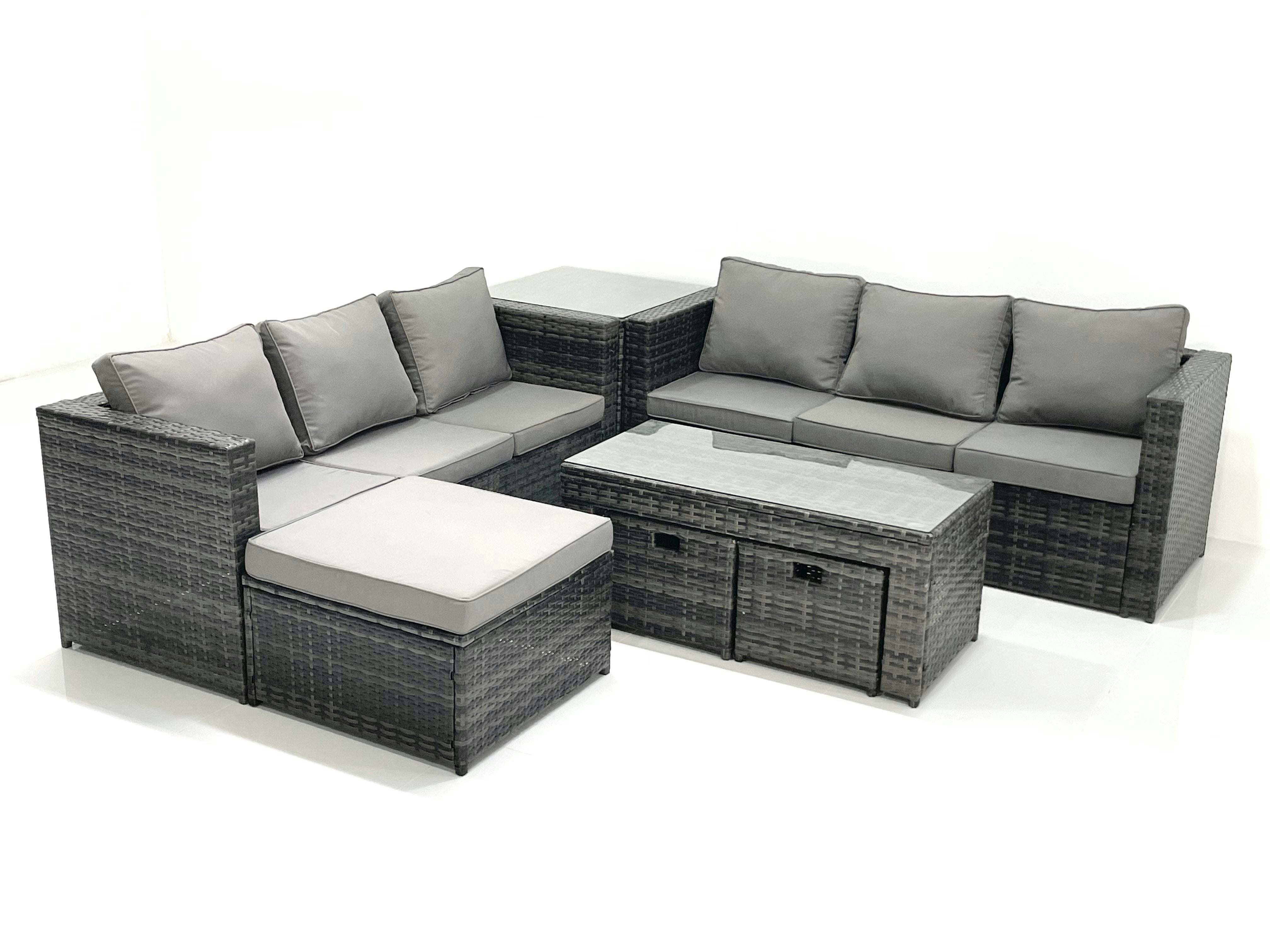 Fimous Dark/Grey Garden Outdoor Rattan Furniture Set With Sofa Coffee Table 3 Footstools Side Table Mixed