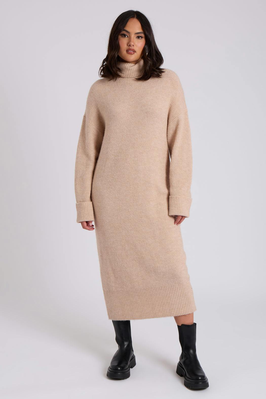 Urban Bliss Camel Roll Neck Midi Dress - M