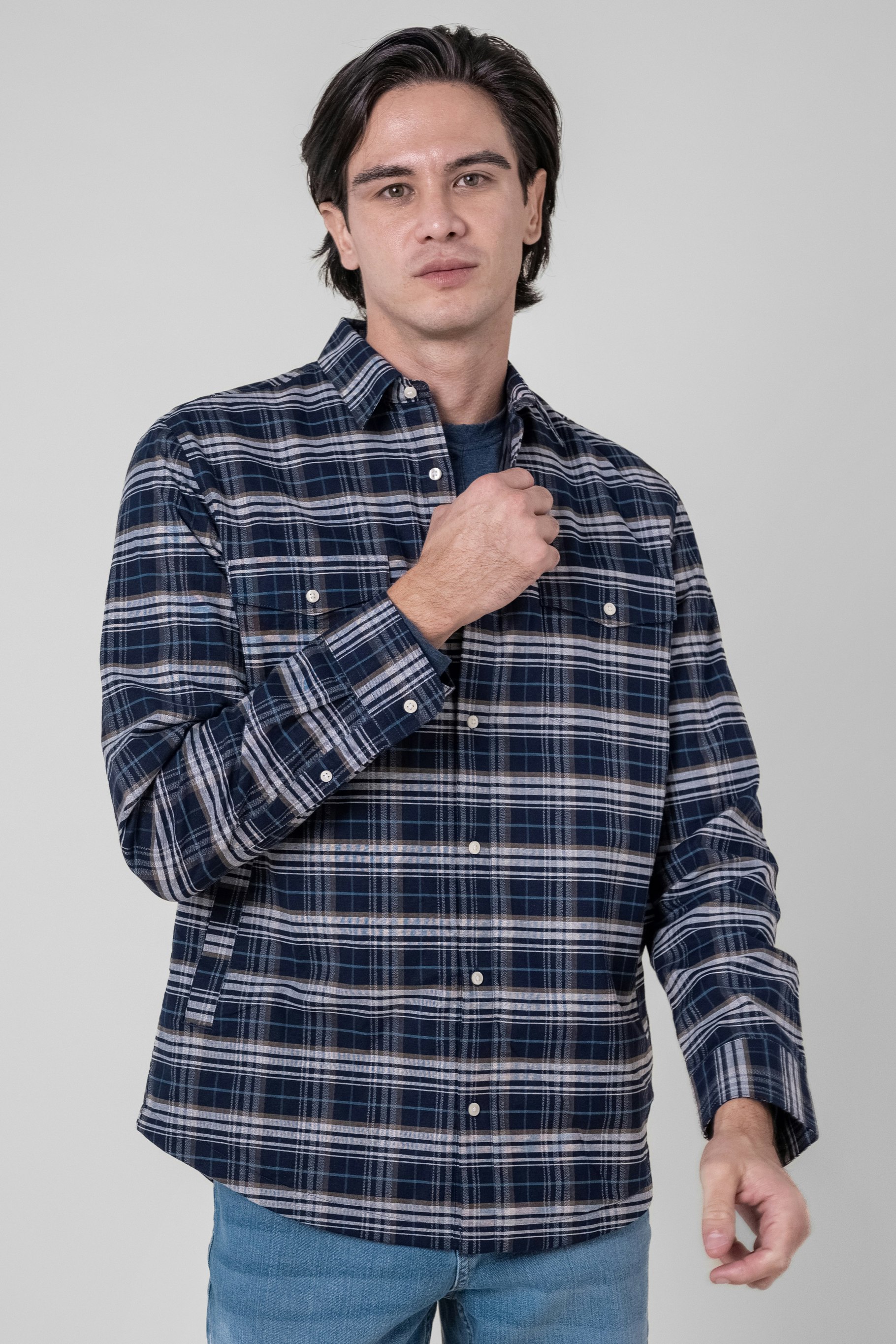 Enorsia Men's White Navy/ Signature Oxford Check Shacket - S - 98% Cotton, 2% Spandex - Navy