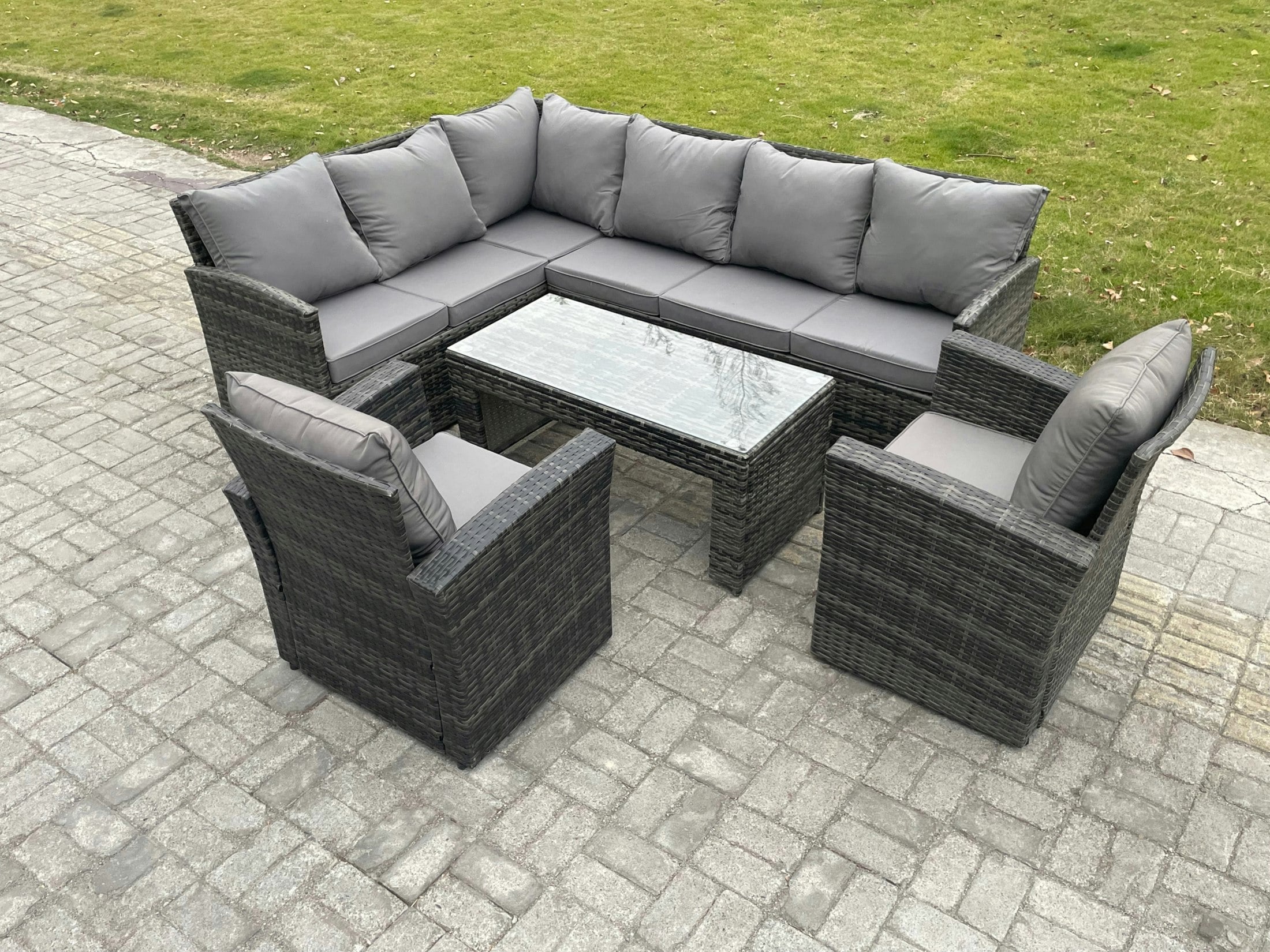 Fimous Dark/Grey 8 Seater Outdoor Rattan Garden Furniture Set Corner Sofa Oblong Coffee Table Sets With Patio 2 Armchairs Mixed