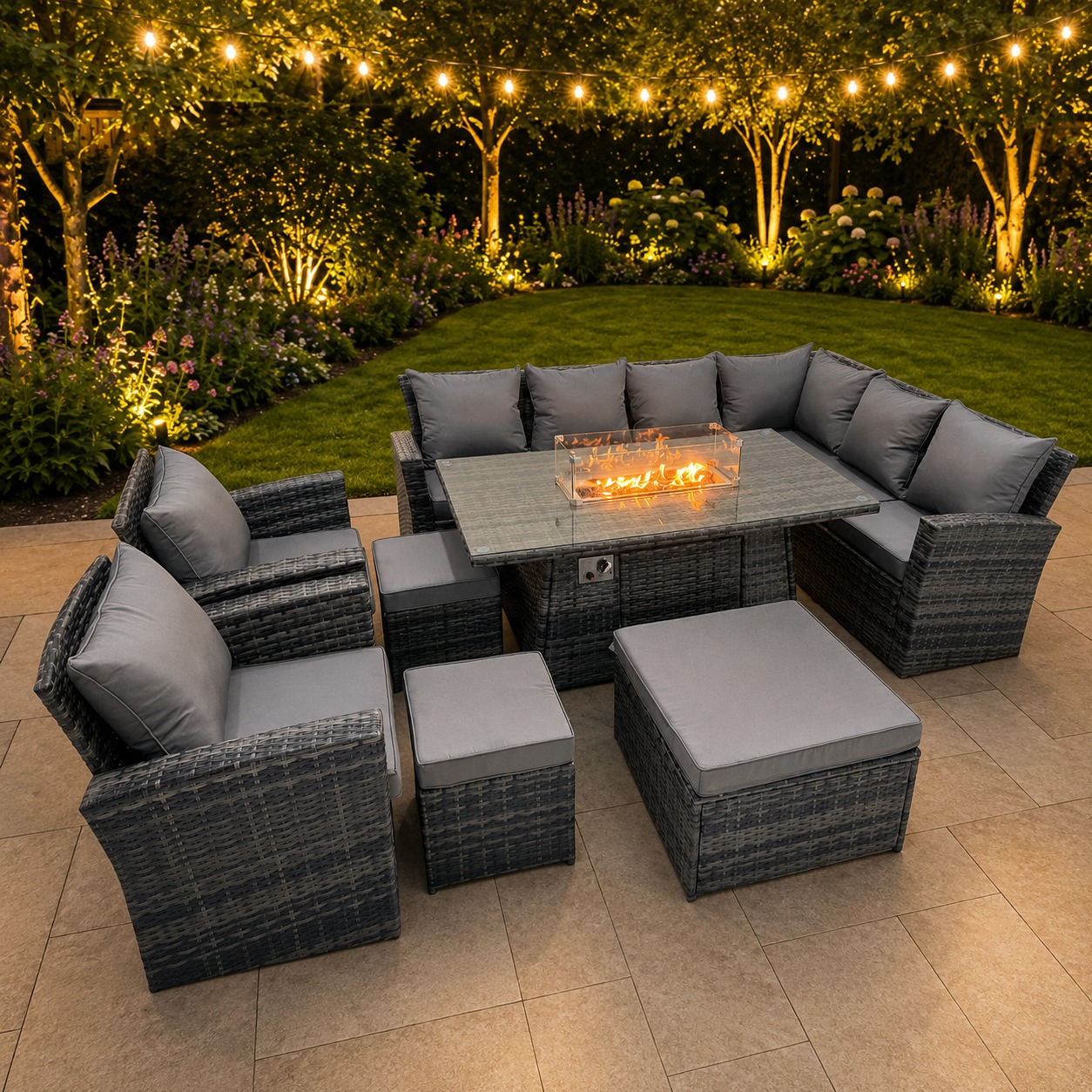 Fimous Dark/Grey Outdoor Furniture Garden Dining Set Rattan Corner Sofa Chair Sets Gas Fire Pit Table With Temper Glass 3 Footstools Mixed