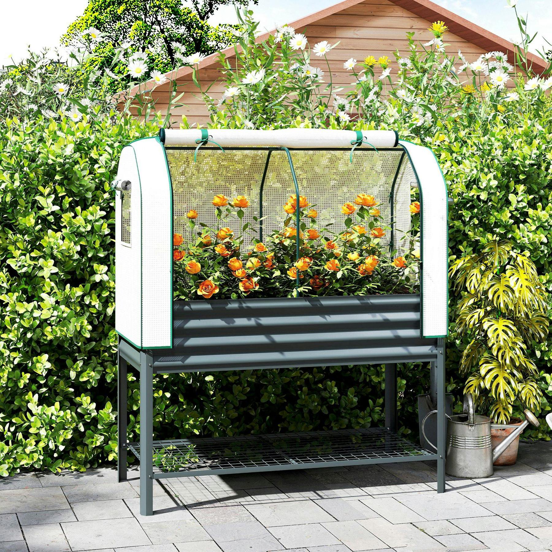 Outsunny Galvanised Raised Planter With Greenhouse Cover And Bottom Shelf - 120 - Raised Planter - 140 Cm