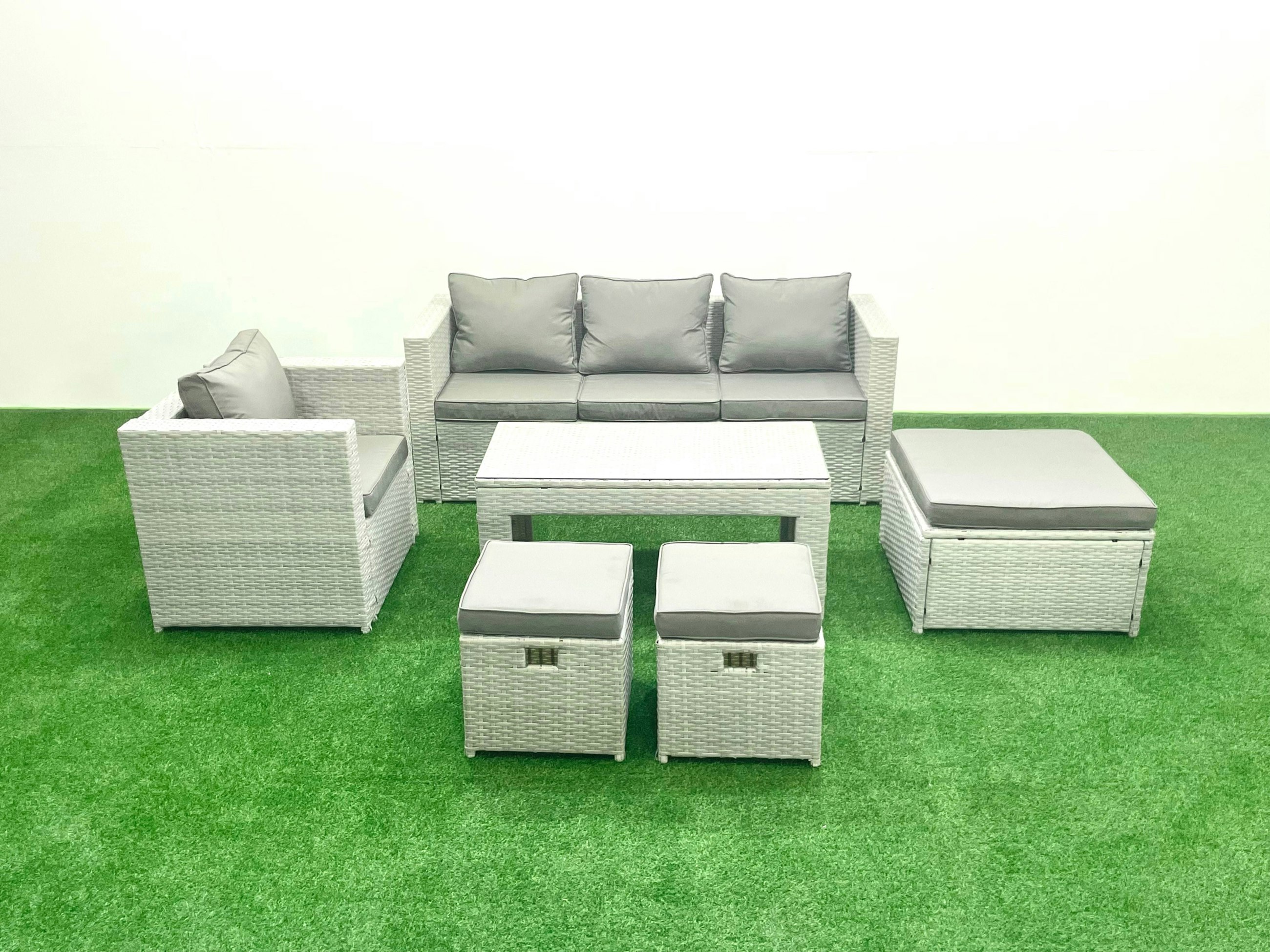Rackhams Light/Grey Rattan Garden Furniture Set 6 Pieces Outdoor Garden Sofa Oblong Coffee Table Set With Chair 3 Footstools Mixed