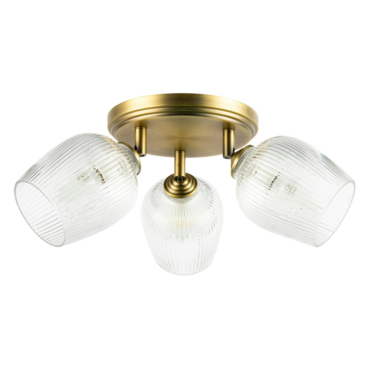 Happy Homewares Unisex Metallic Gold Antique Brass Triple Spot Ceiling Light With Clear Ribbed Glass Shades In 24Cm - Image 2