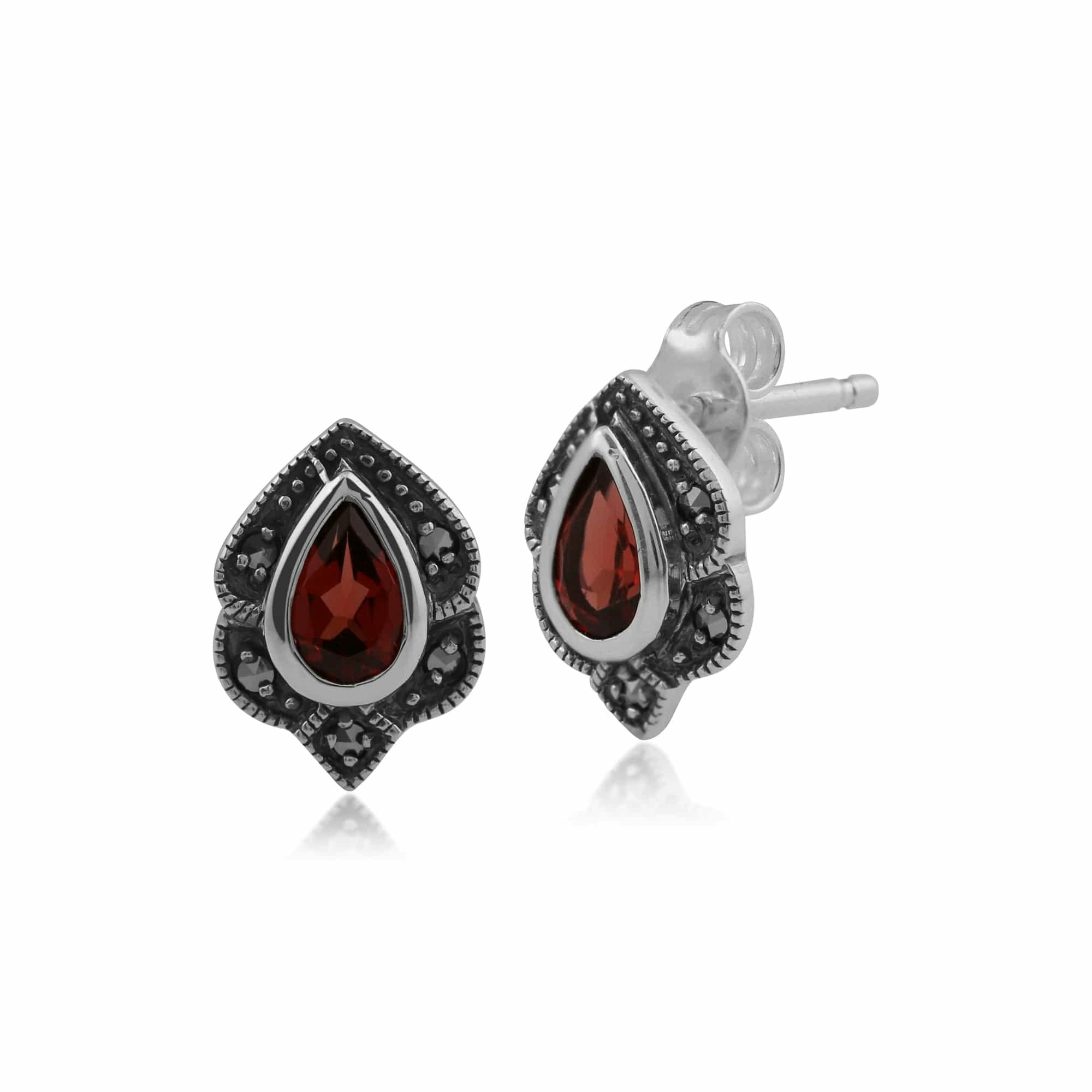 Gemondo Silver Art Nouveau Style Pear Garnet & Marcasite Leaf Stud Earrings In 925 Sterling