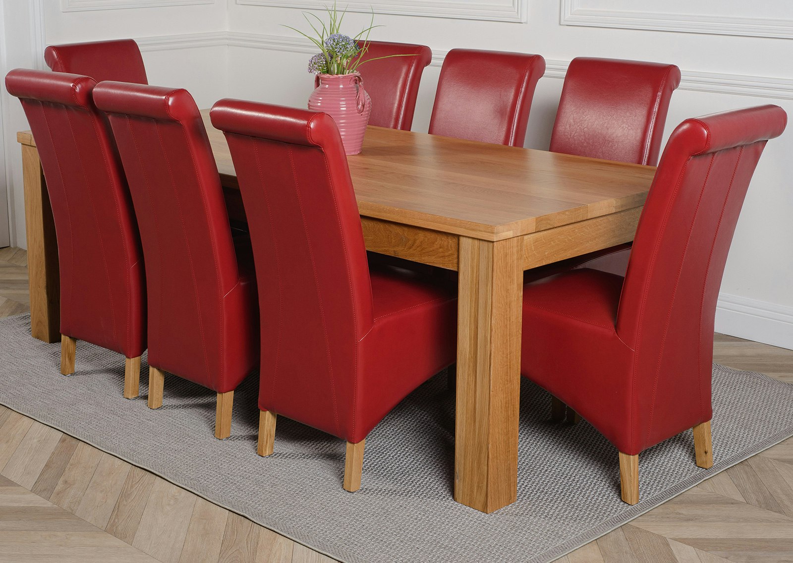 Rackhams Burgundy Dakota Extra Large Oak Dining Table With Montana Leather Chairs - 8 Chairs