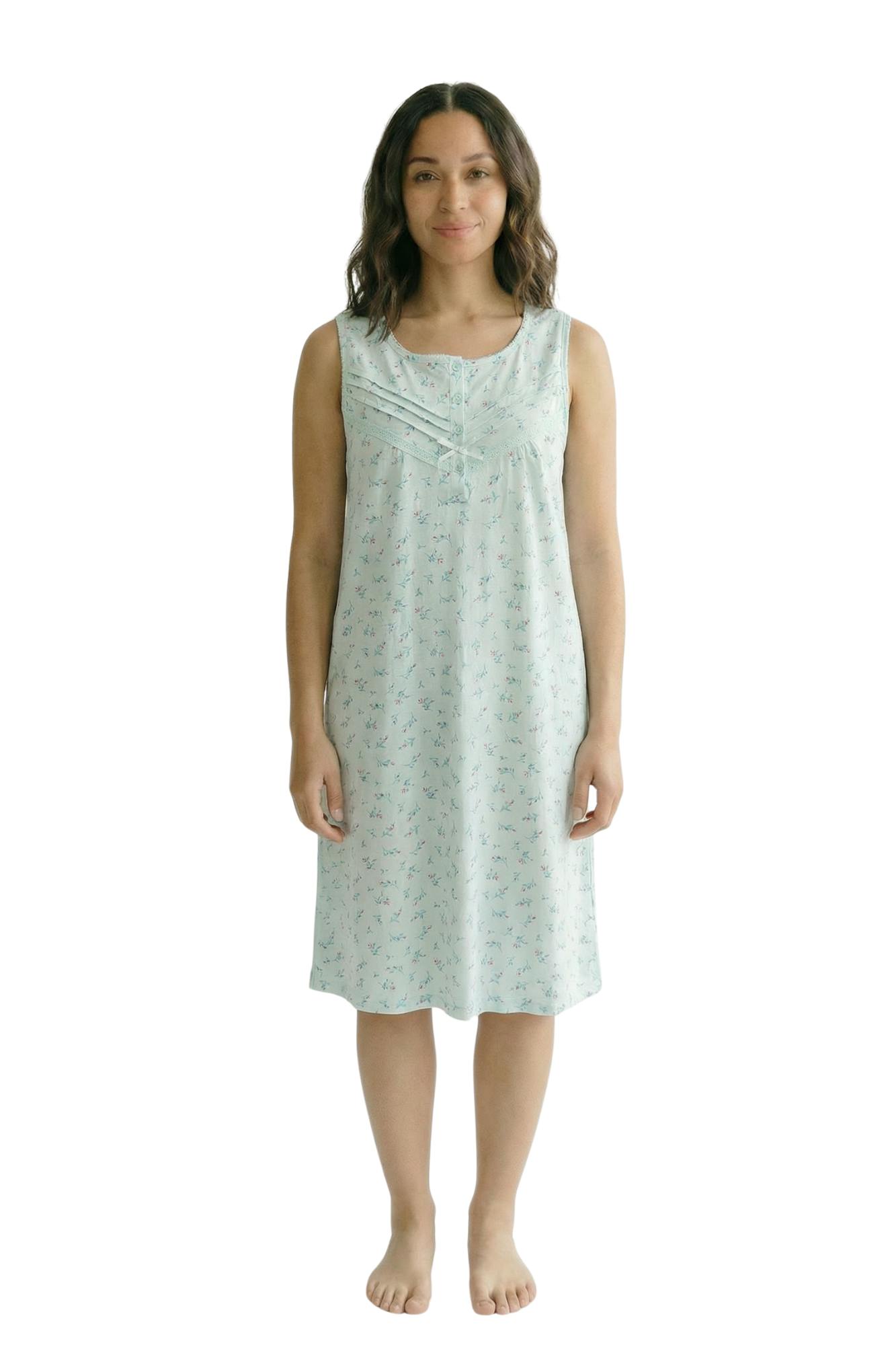 Camille Women's Green Classic 100% Organic Cotton Sleeveless Nightdress - Mint - 14-16
