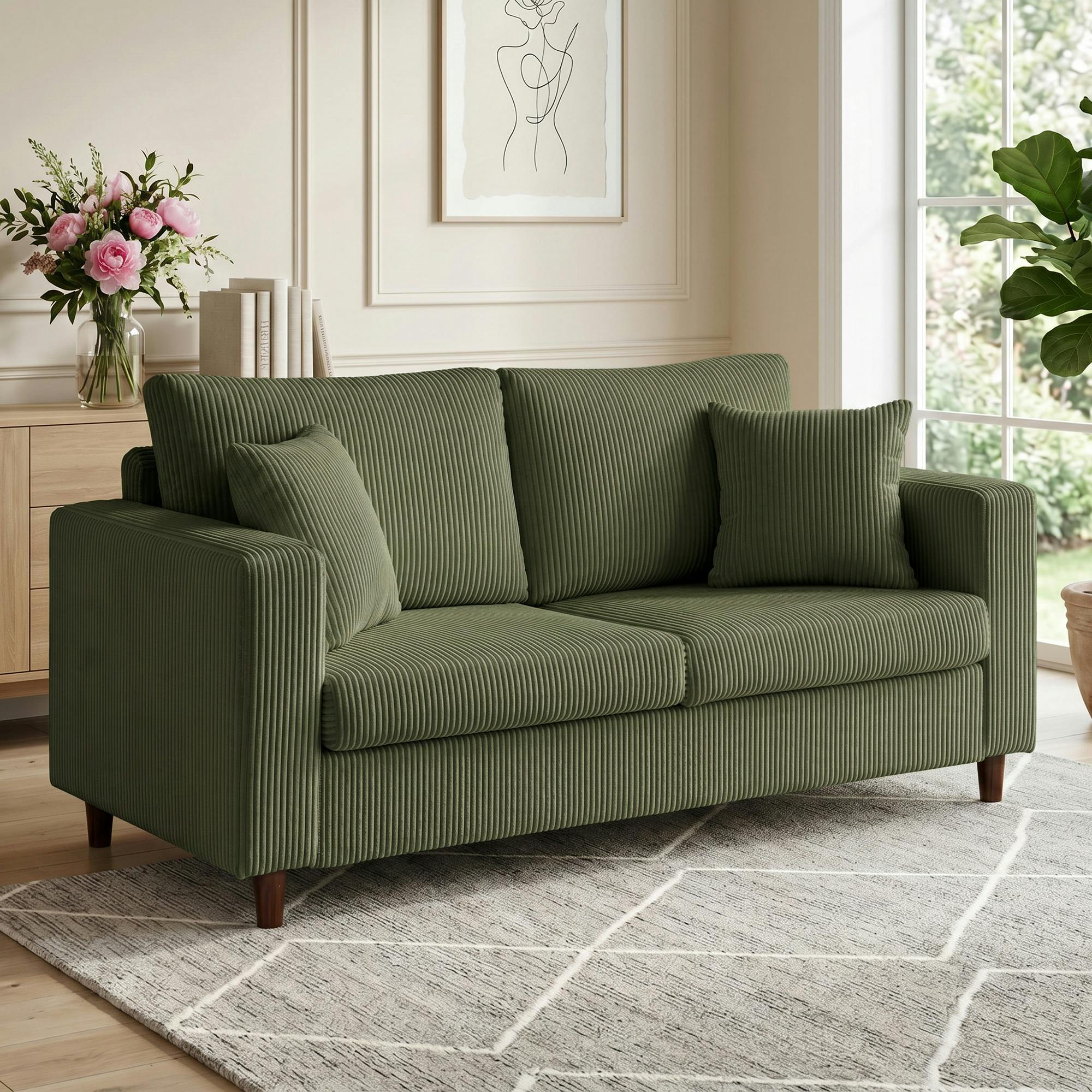 Rackhams Green Loveseat Sofa With Wide Seat, Corduroy Upholstered,