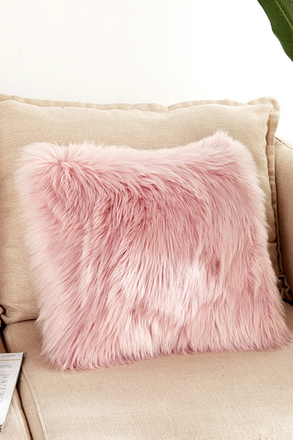 Living And Home Pink Fluffy Faux Wool Cushion Cover