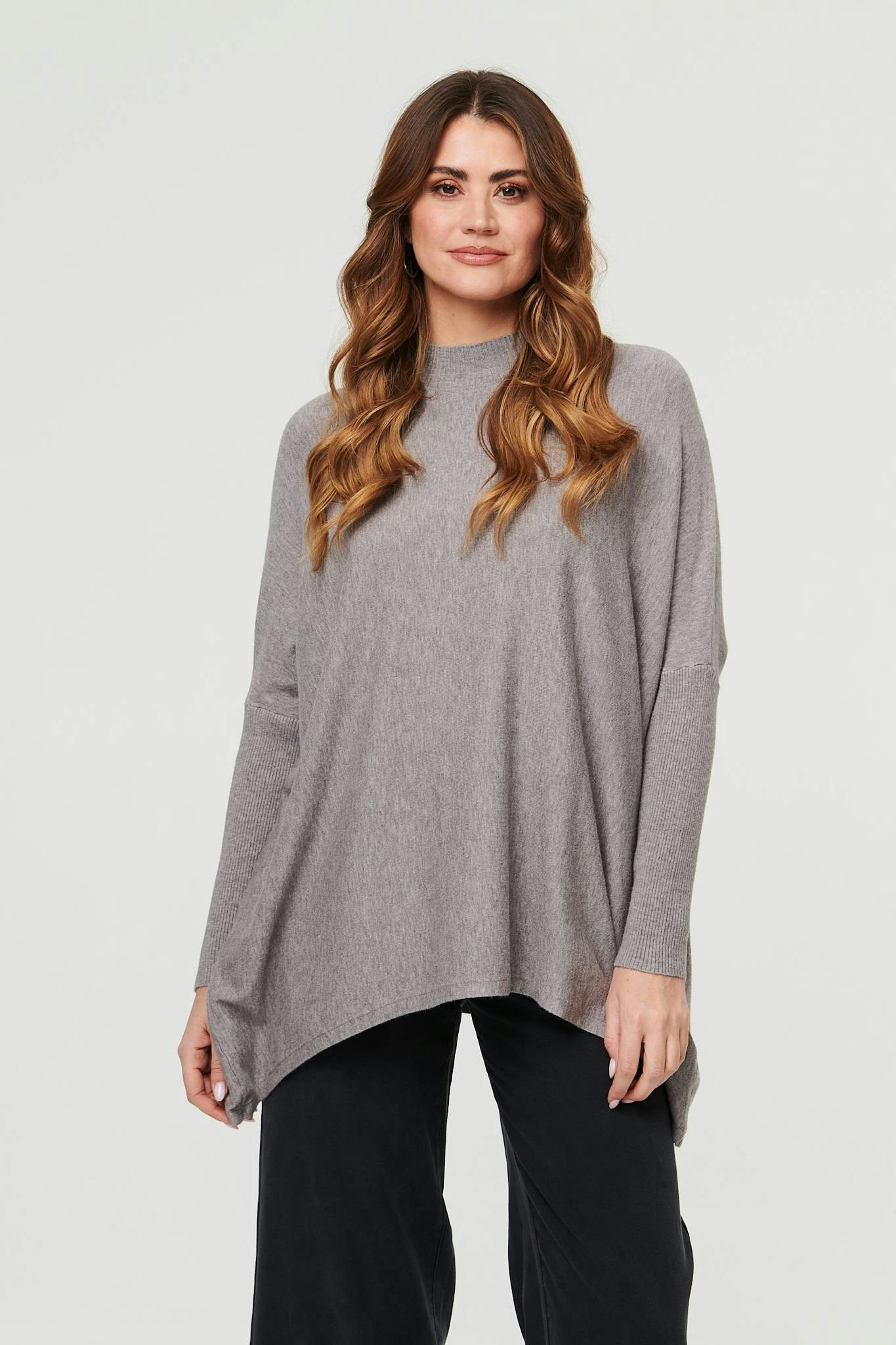 Izabel London Grey High Neck Batwing Sleeve Relaxed Jumper - M/L