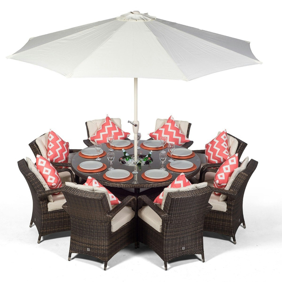 Giardino Brown Arizona Round 8 Seater Rattan Patio Dining Set With Ice Bucket Drinks Cooler - 1