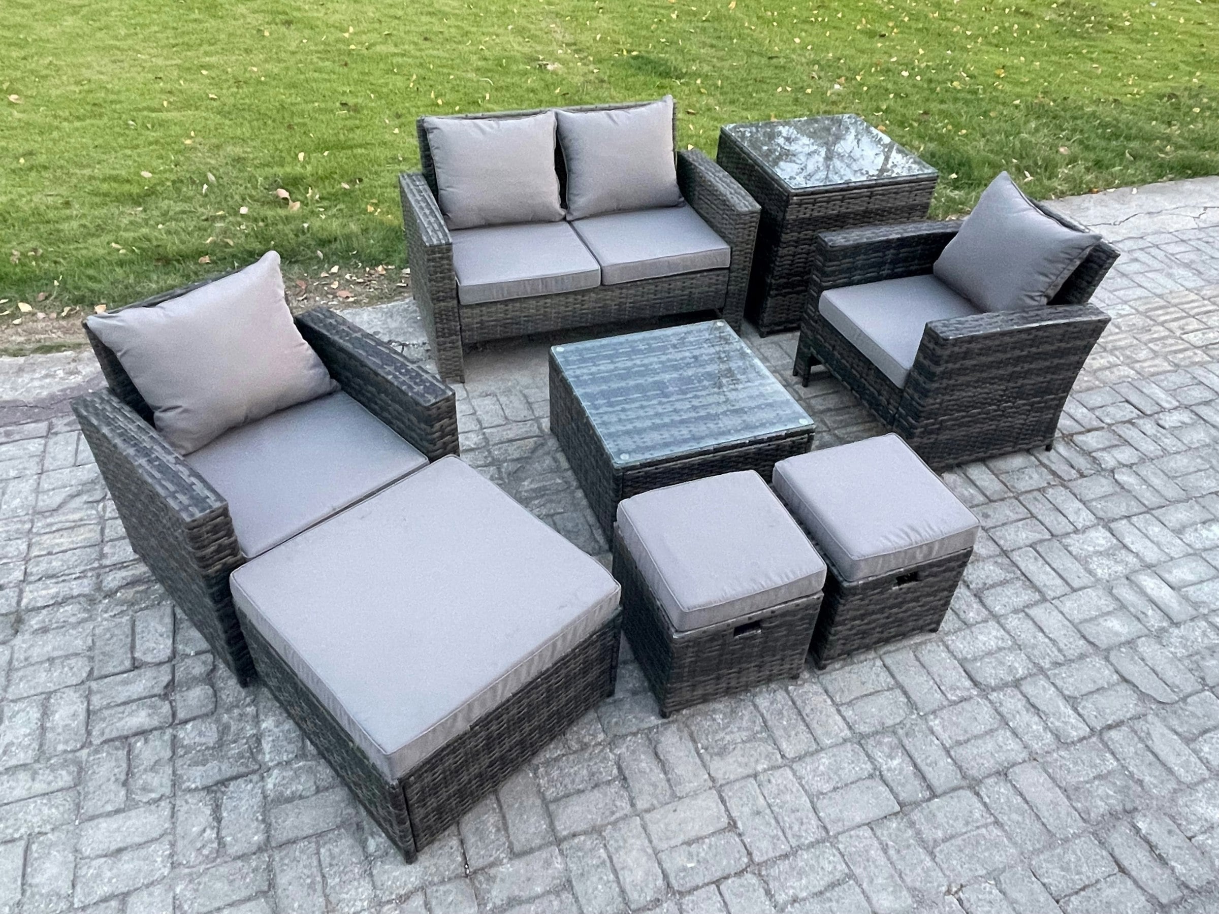 Rackhams Dark/Grey Rattan Wicker Garden Furniture Patio Conservatory Sofa Set With Square Coffee Table Armchair 2 Seater Sofa 3 Footstools Side Table
