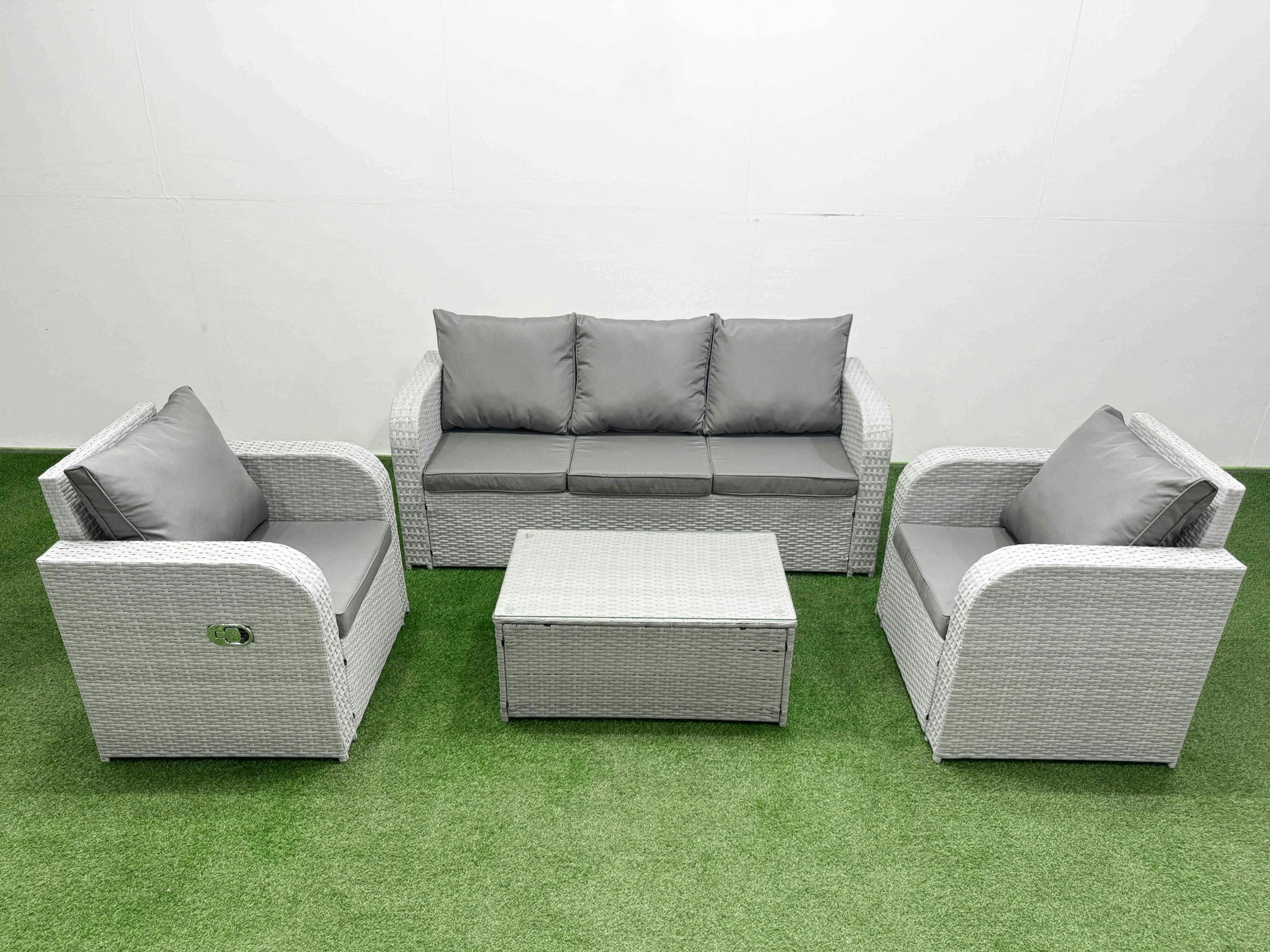 Fimous Light/Grey Pe Rattan Garden Furniture Set Reclining Chair Sofa Lounge Sofa Set Oblong Coffee Table