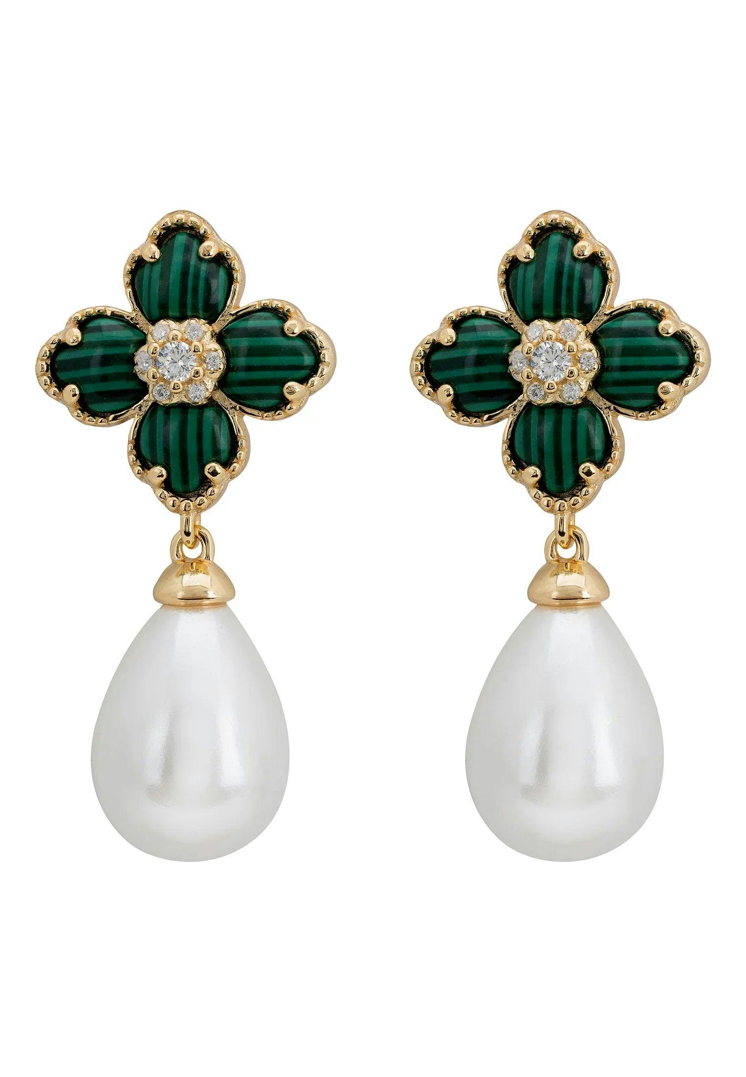 Latelita Gold Flower Clover Pearl Drop Earrings Malachite