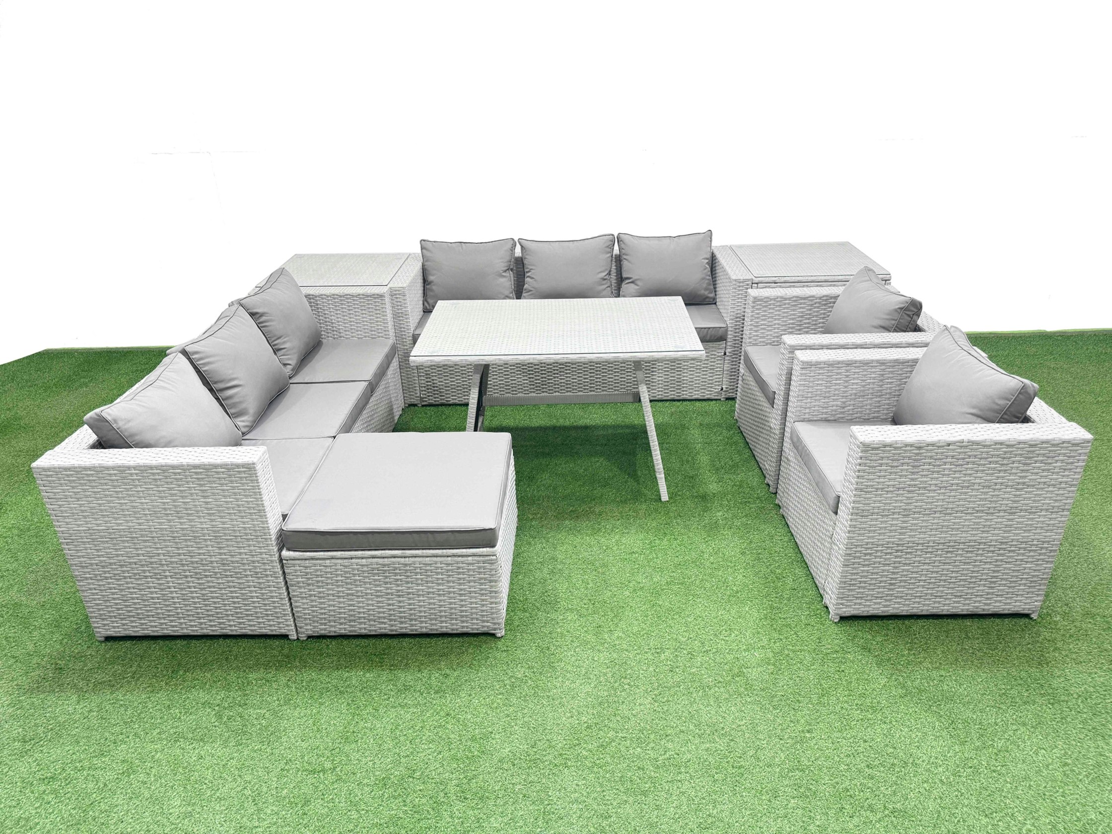 Rackhams Light/Grey 9 Seat Garden Furniture Set Pe Rattan Garden Sofa Set With Rectangular Dining Table Big Stool 2 Side Tables