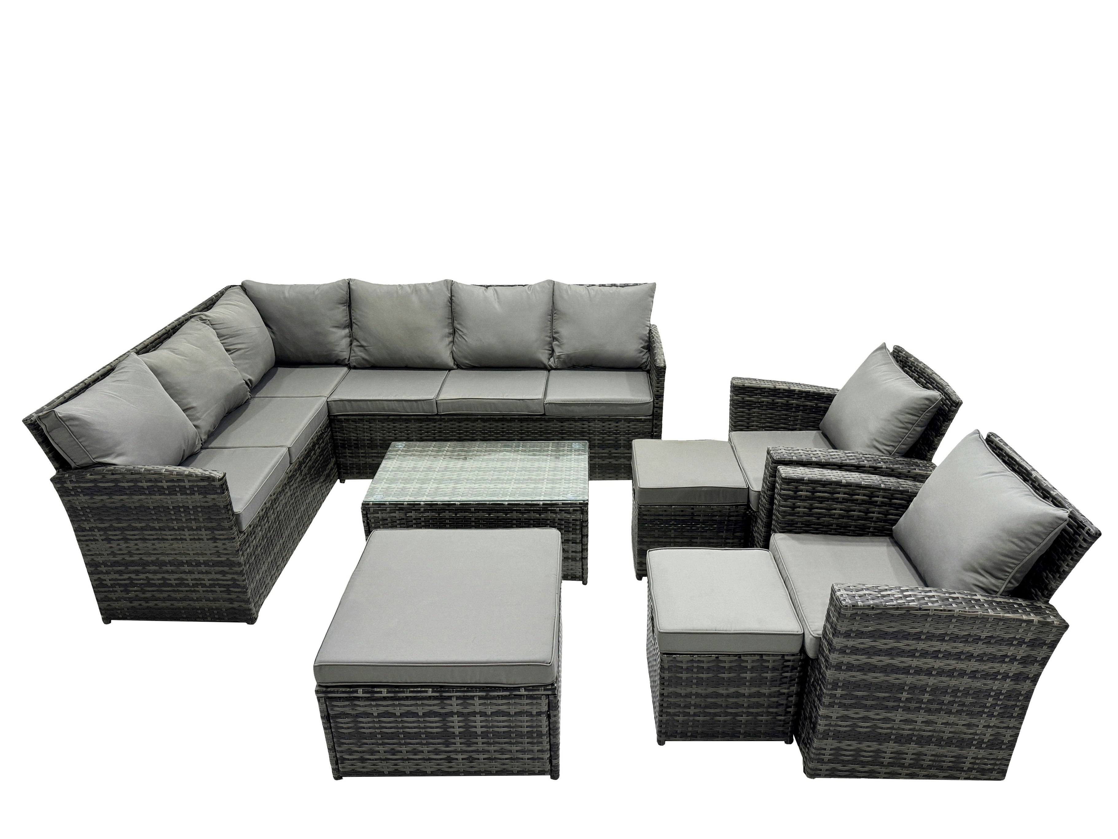 Rackhams Dark/Grey 11 Seat Poly Rattan Outdoor Patio Coffee Table Corner Sofa Set With 3 Stools 2 Chairs For Garden Backyard Mixed
