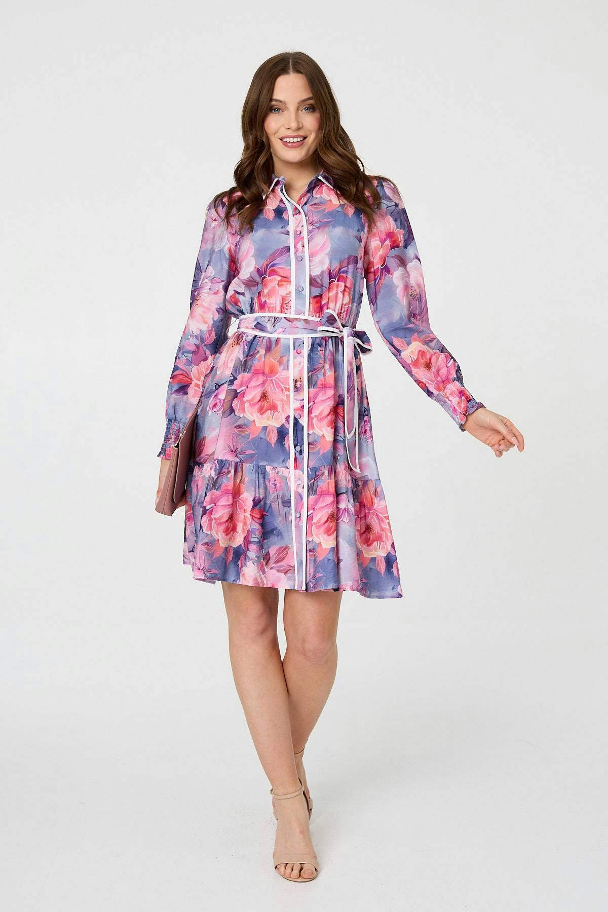 Izabel London Purple Floral Tiered Knee Length Shirt Dress - 8