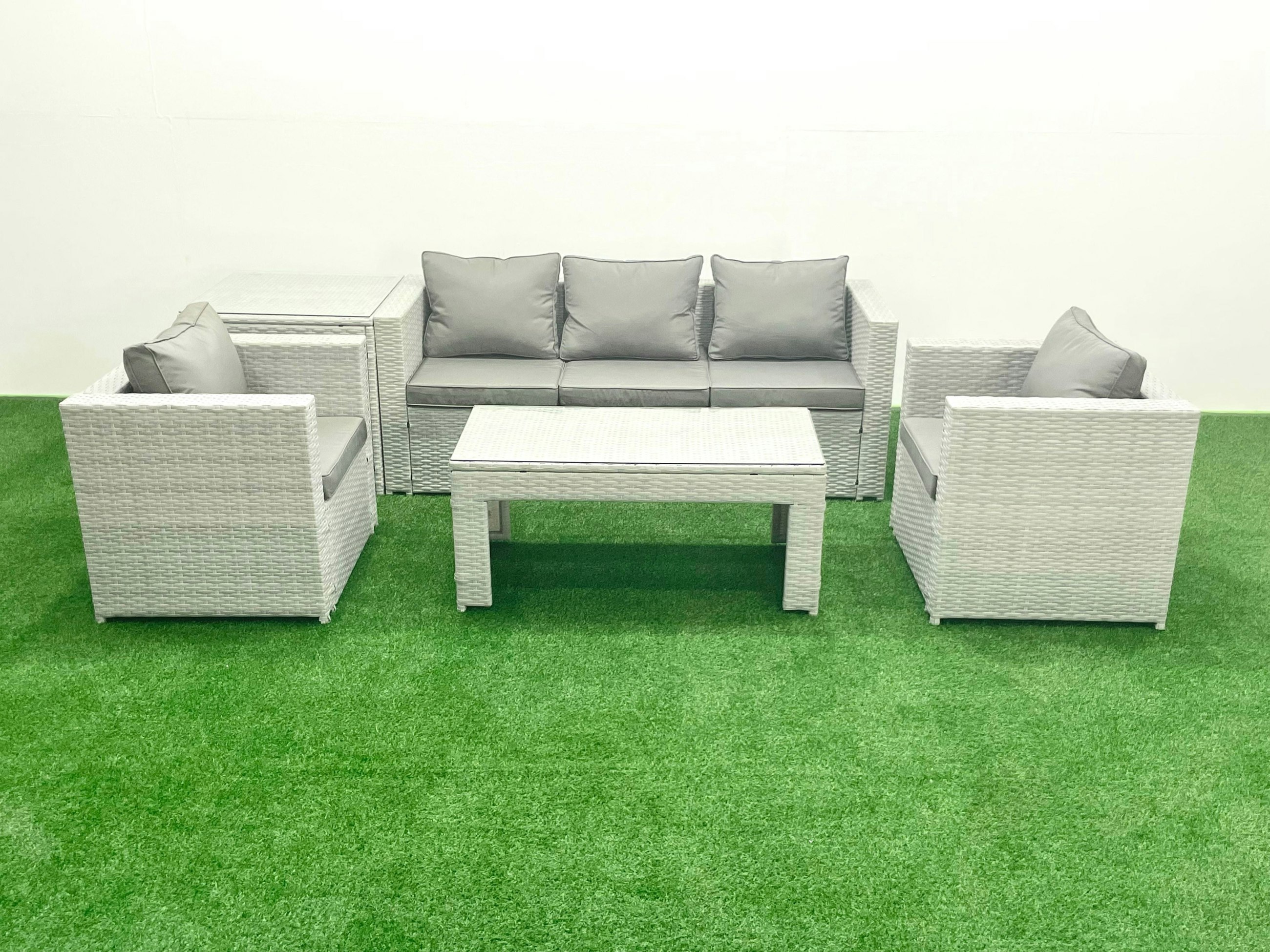 Rackhams Light/Grey Rattan Garden Furniture Set 5 Pieces Outdoor Garden Sofa Oblong Coffee Table Set With 2 Chairs Side Tabe Mixed