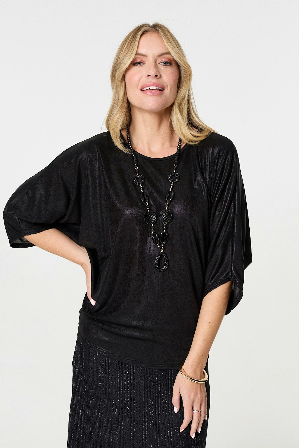 Izabel London Black Metallic 3/4 Batwing Sleeve Top - S/M