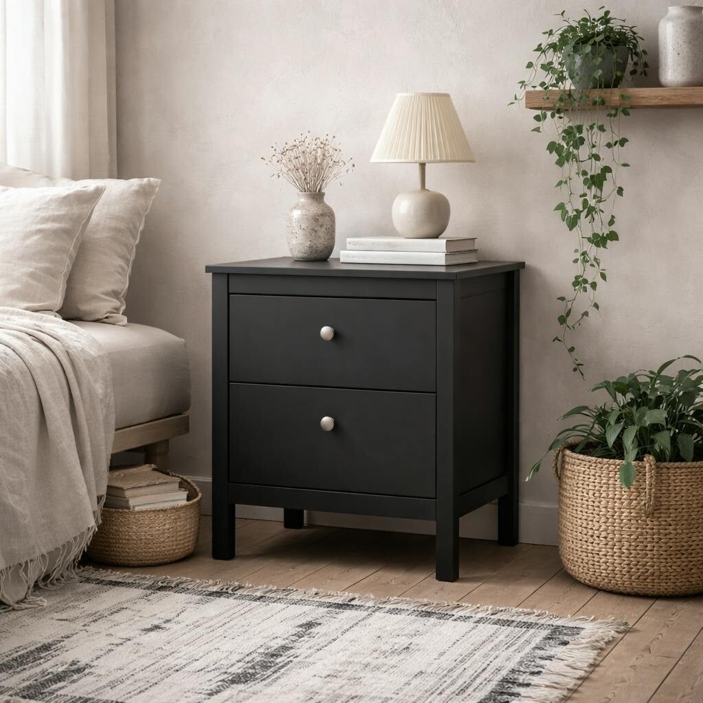 Wyld Haus Black/Silver Gossmere Wooden Bedside Table 2 Drawers Handles