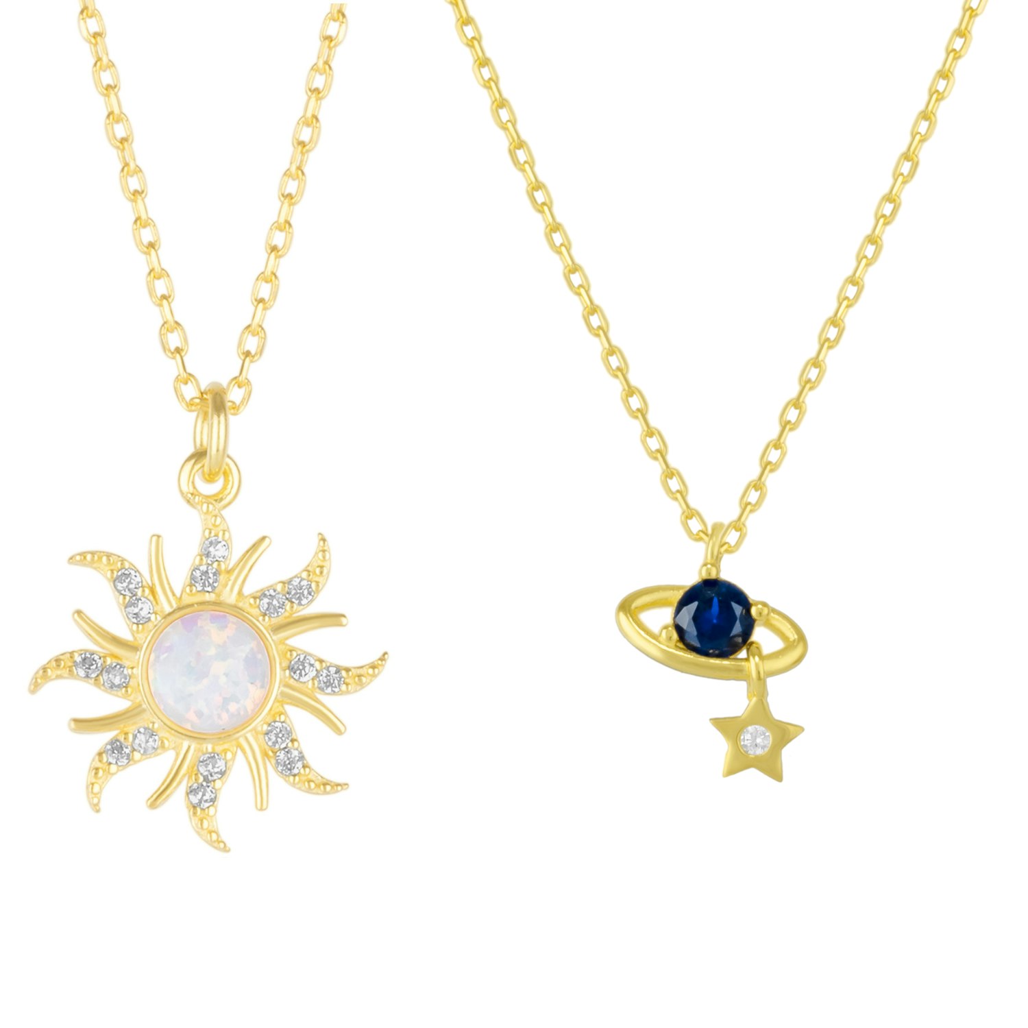 Spero London White/Silver/Gold Opal Sun & Sunburst And Saturn Necklace Layering Set In Sterling