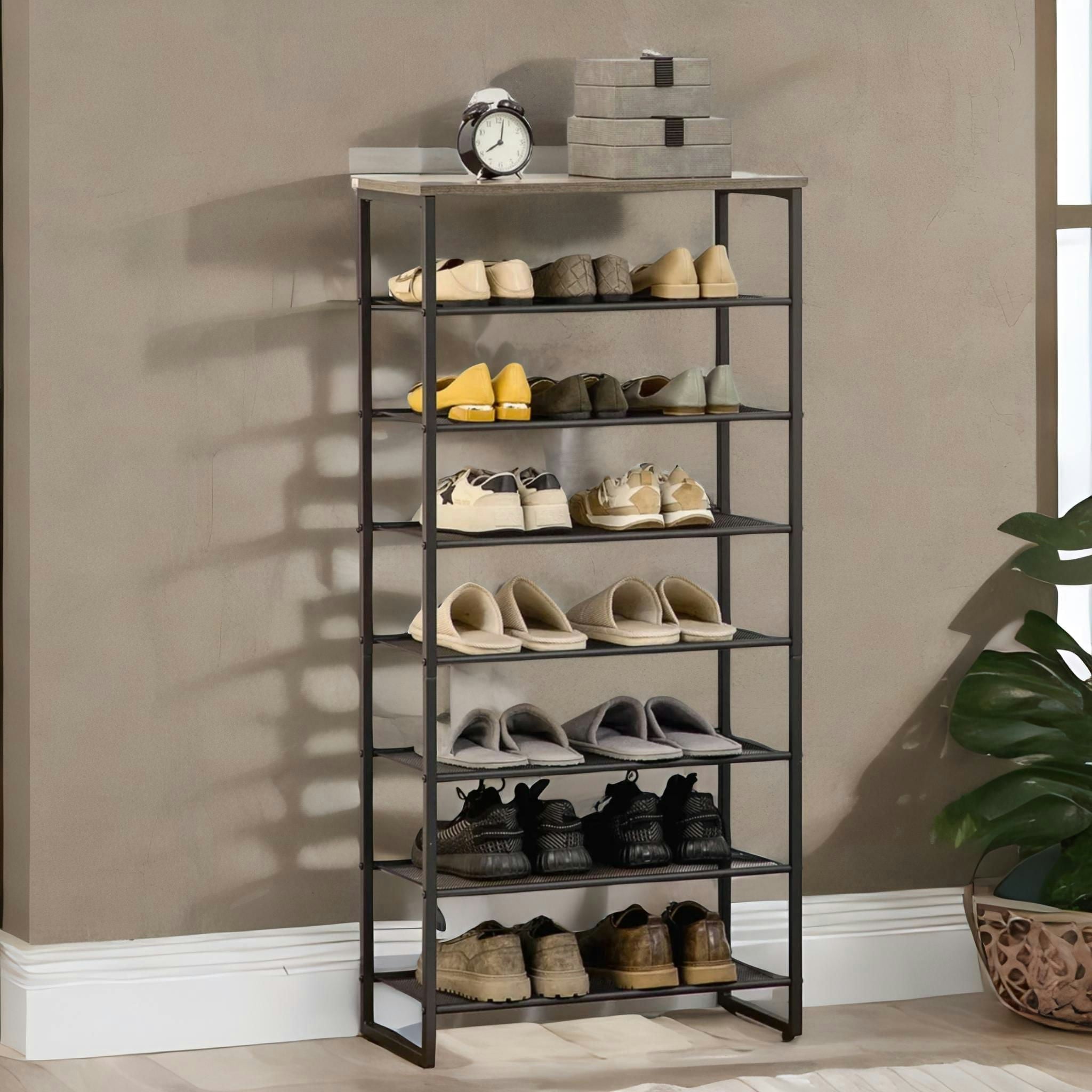 Rackhams Grey 8-Tier Industrial Vertical Shoe Rack With Mesh Shelves
