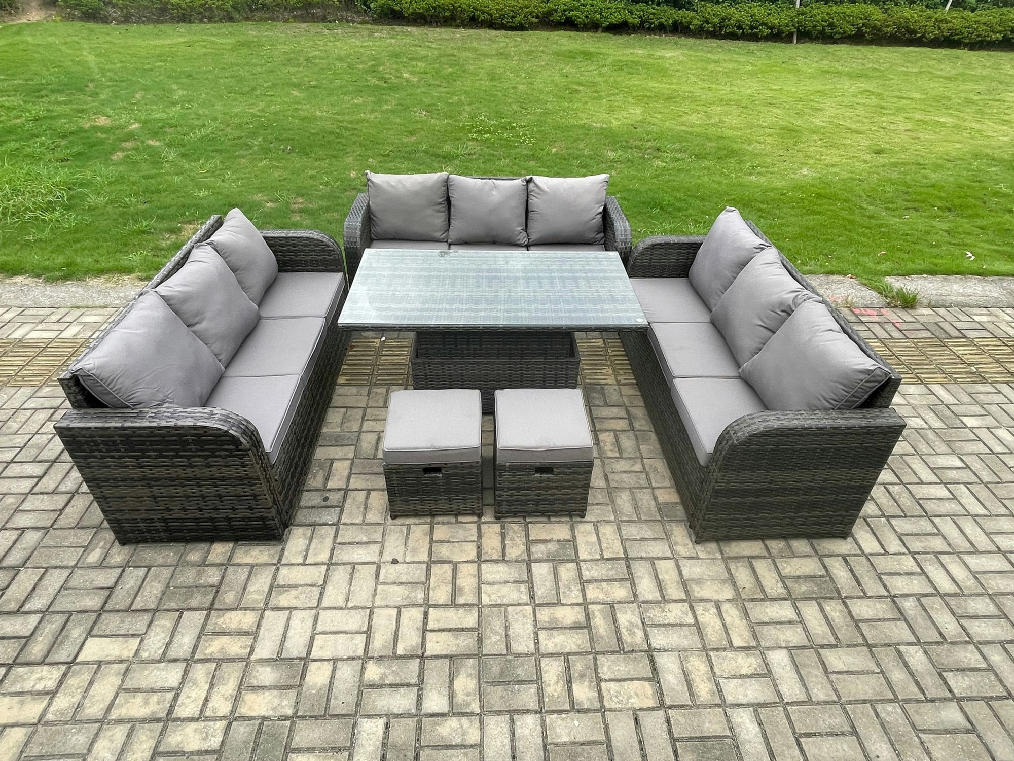Rackhams Dark/Grey Patio Garden Dining Set Outdoor Rattan Furniture Lounge Sofa Height Adjustable Rising Lifting Table With 2 Small Footstools Mixed