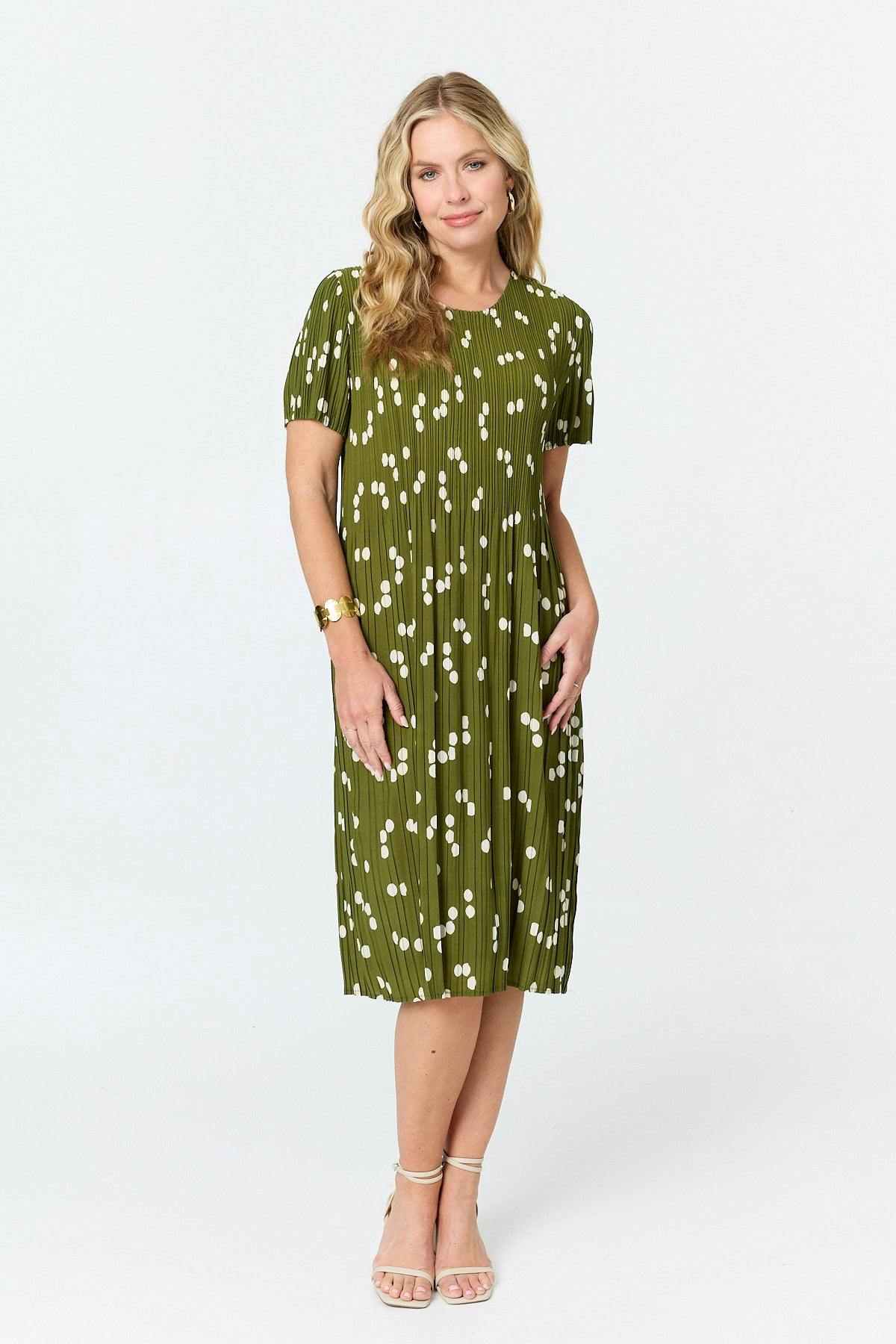 Izabel London Spotty Print Pleated Texture Midi Dress - S/M - Sage