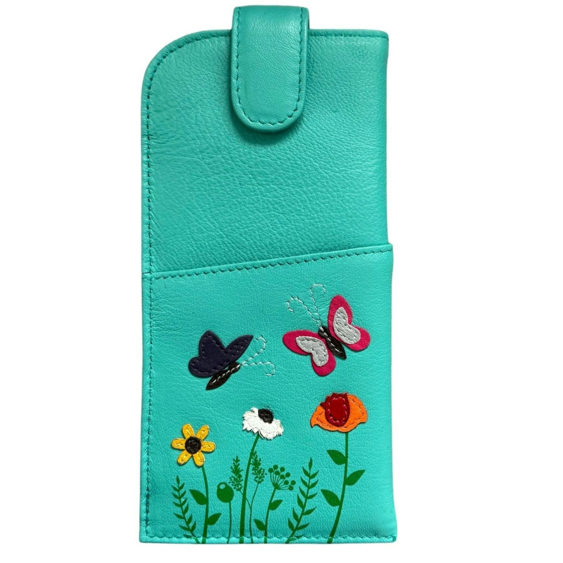 Mala Leather Turquoise Sophia Leather Glasses Case With Butterflies & Flowers