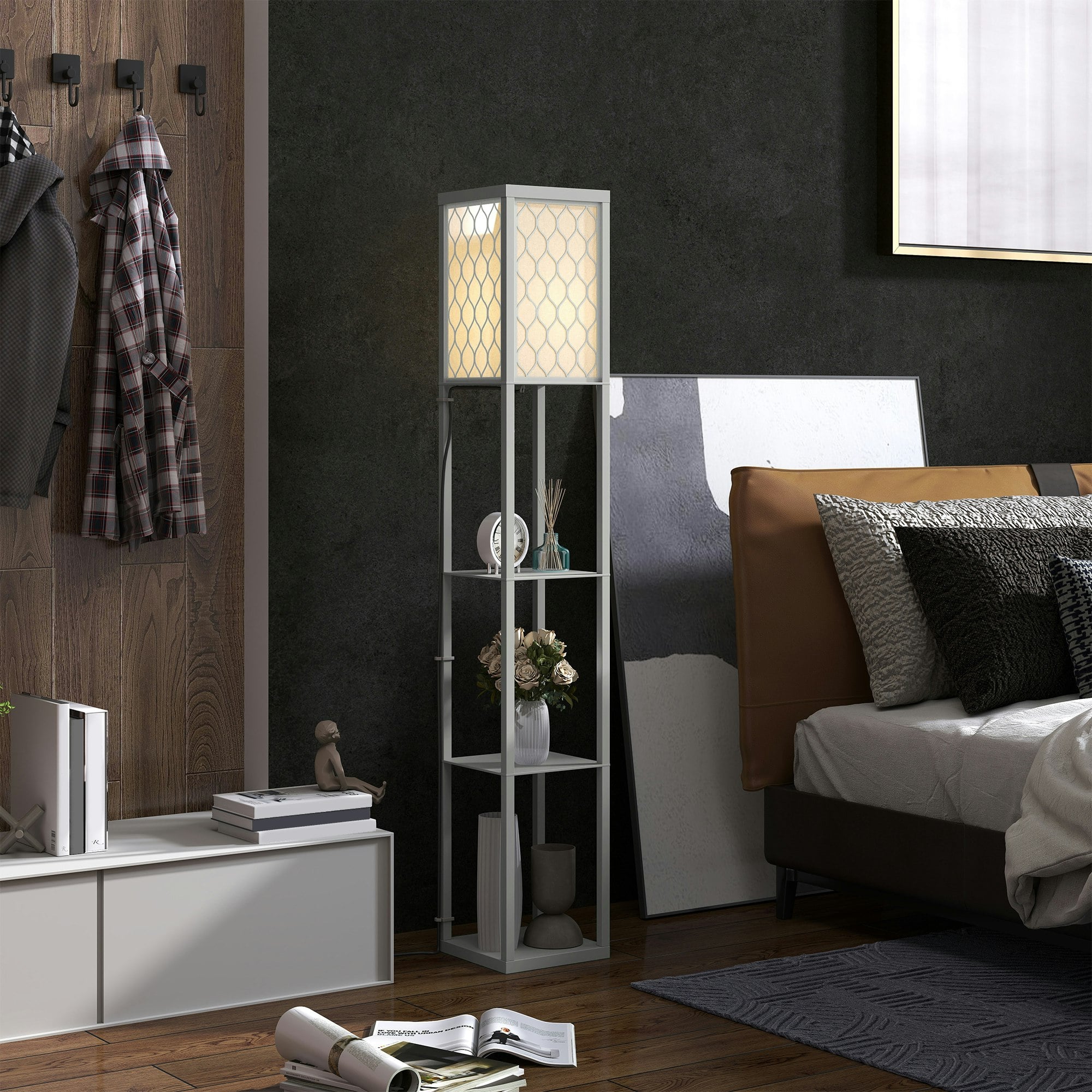 Homcom Light/Grey Modern Floor Lamp With 3 Shelves Fabric Lampshade Oak