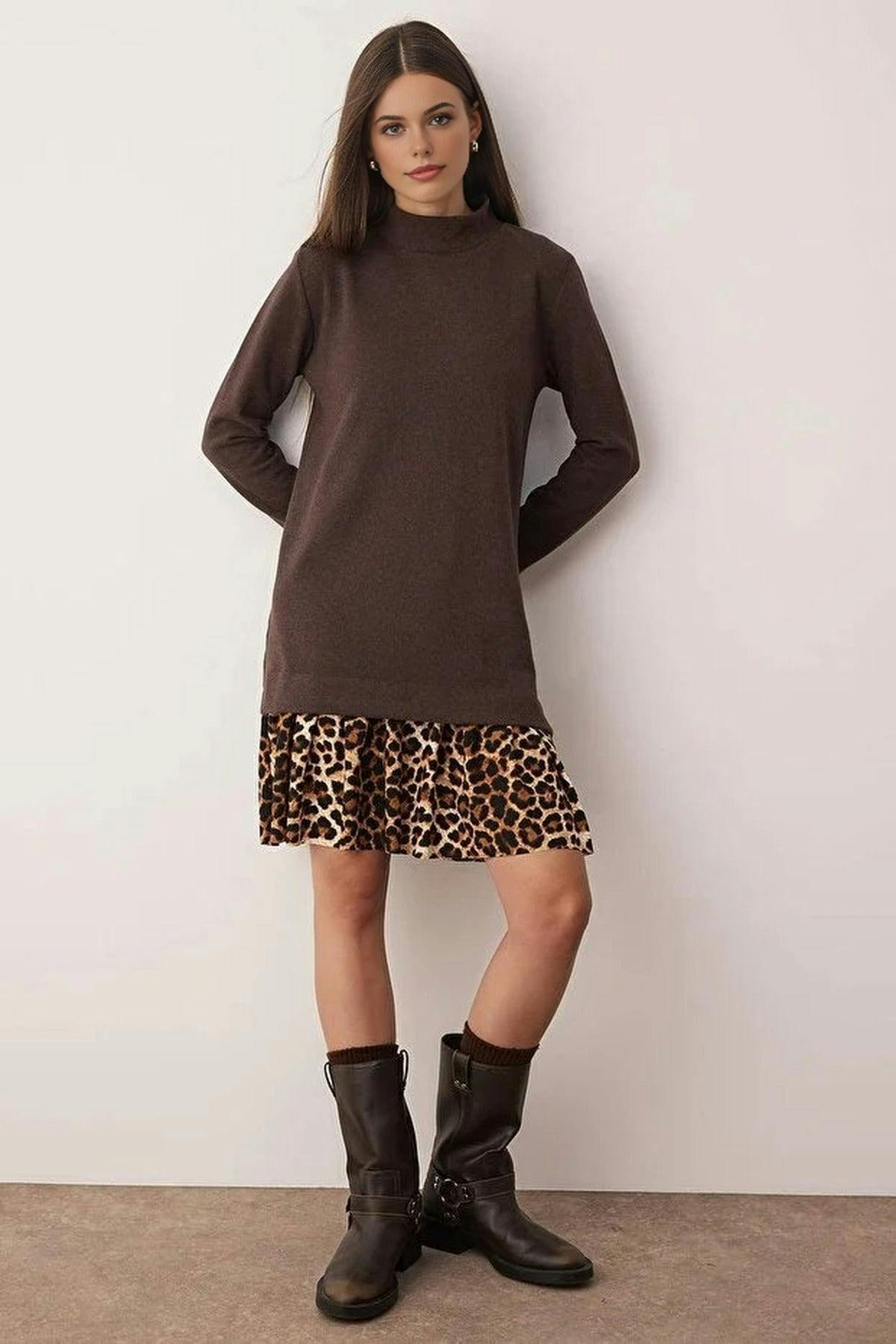 Wovcor Brown Mini Selanik Stand Collar Knit Dress - Xs
