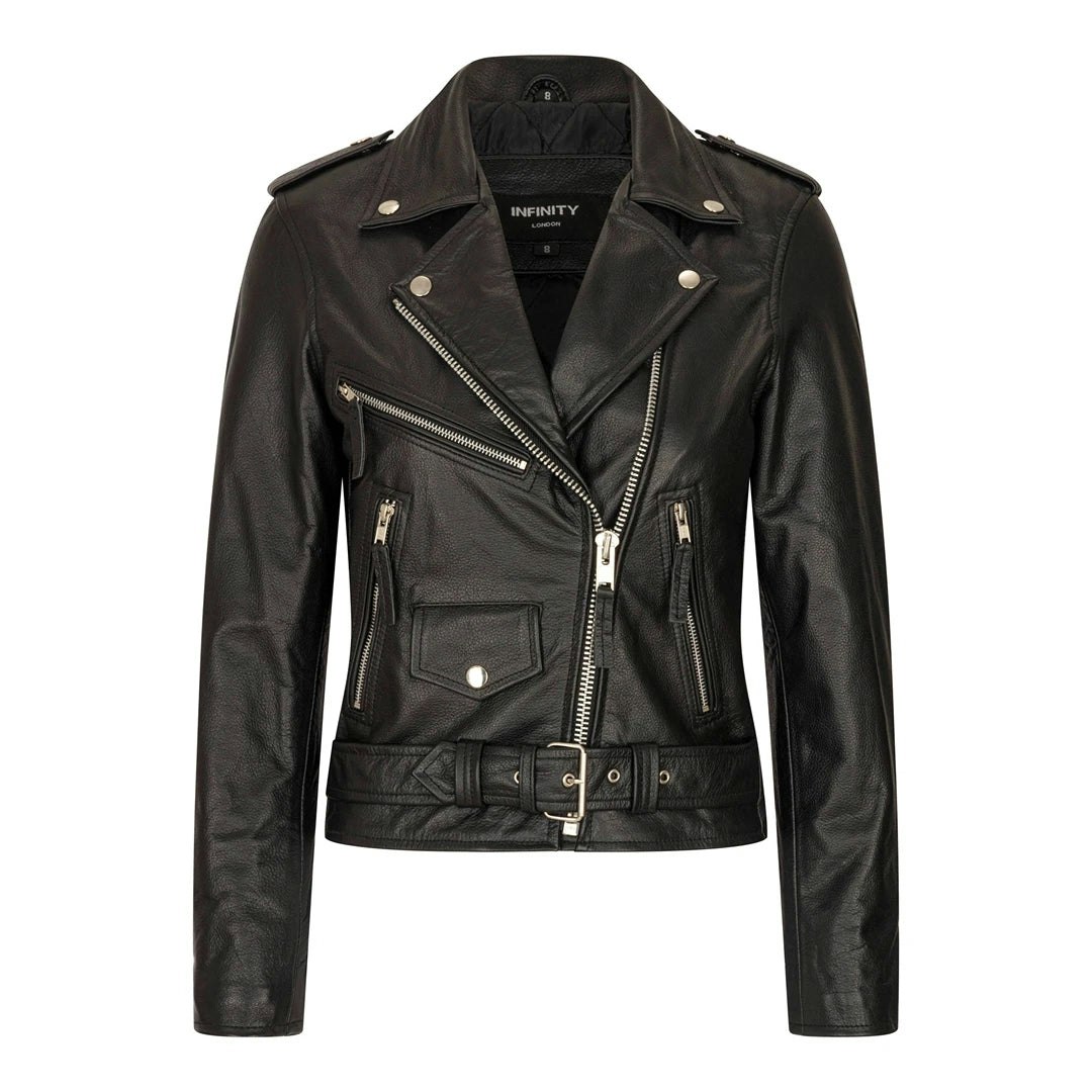 Infinity Leather Women's Brando Tassel Fringe Cow Hide Biker Leather Jacket - Uk 24
