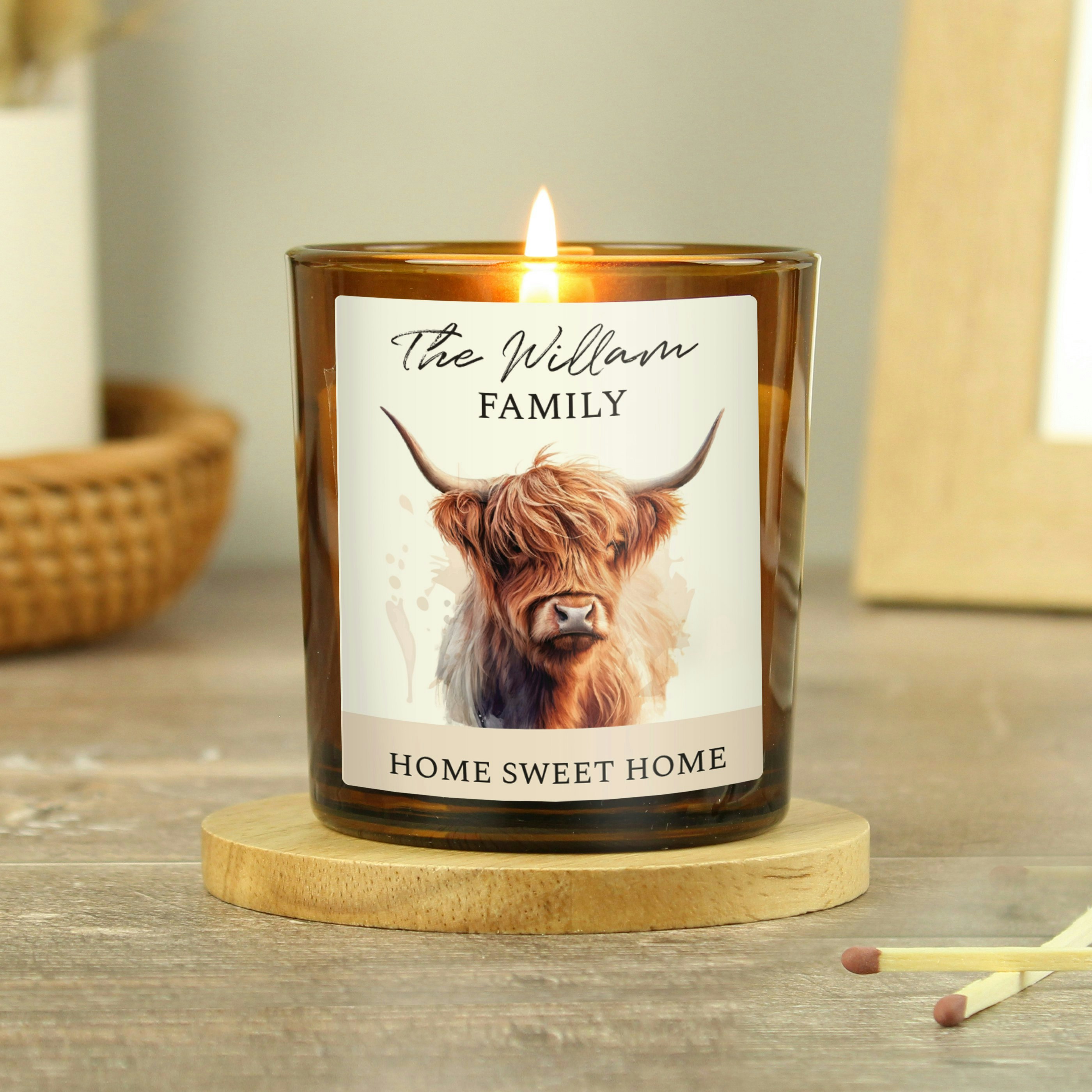 Personalised Memento Company Amber Personalised Highland Cow Glass Candle