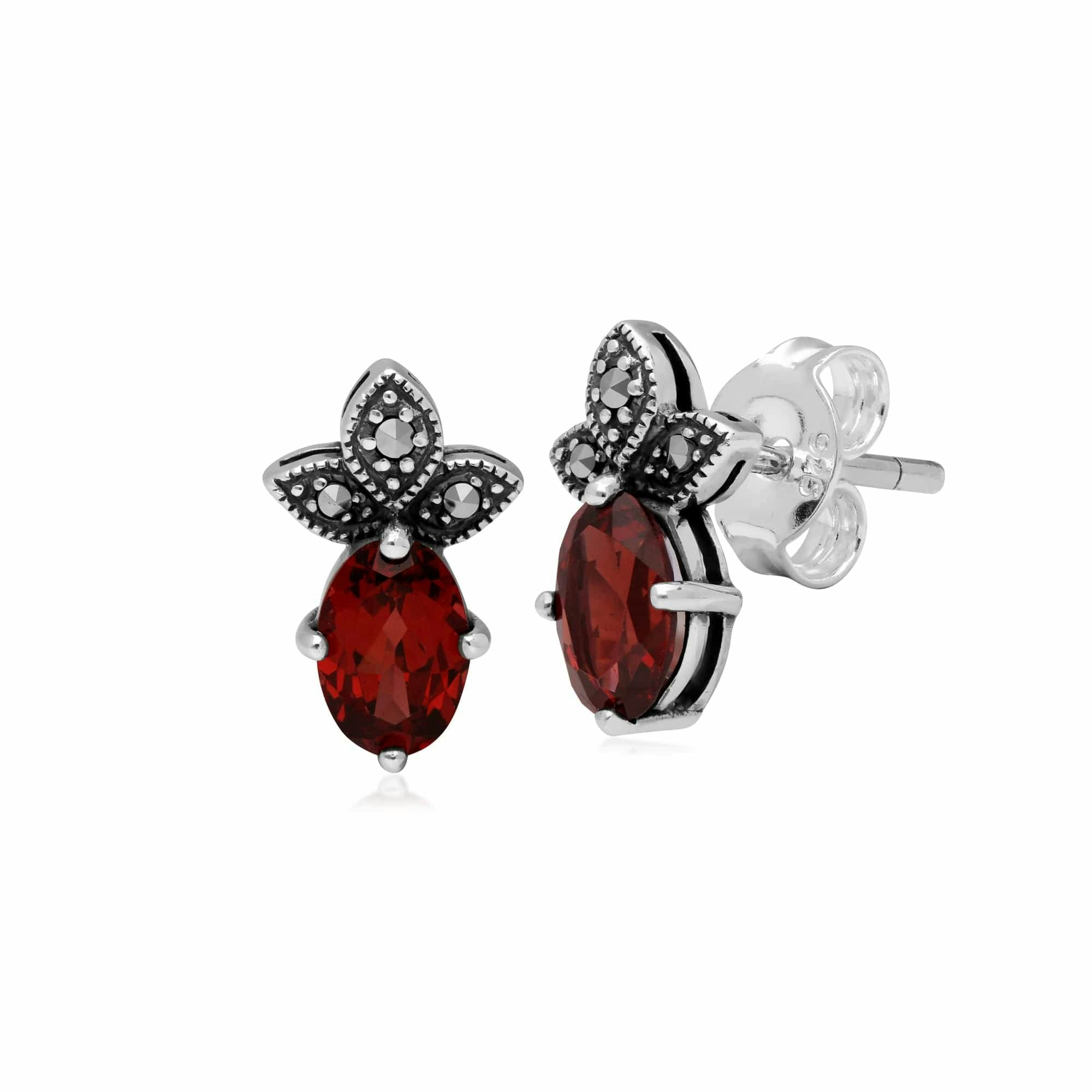 Gemondo Silver Art Deco Style Oval Garnet & Marcasite Stud Earrings In 925 Sterling