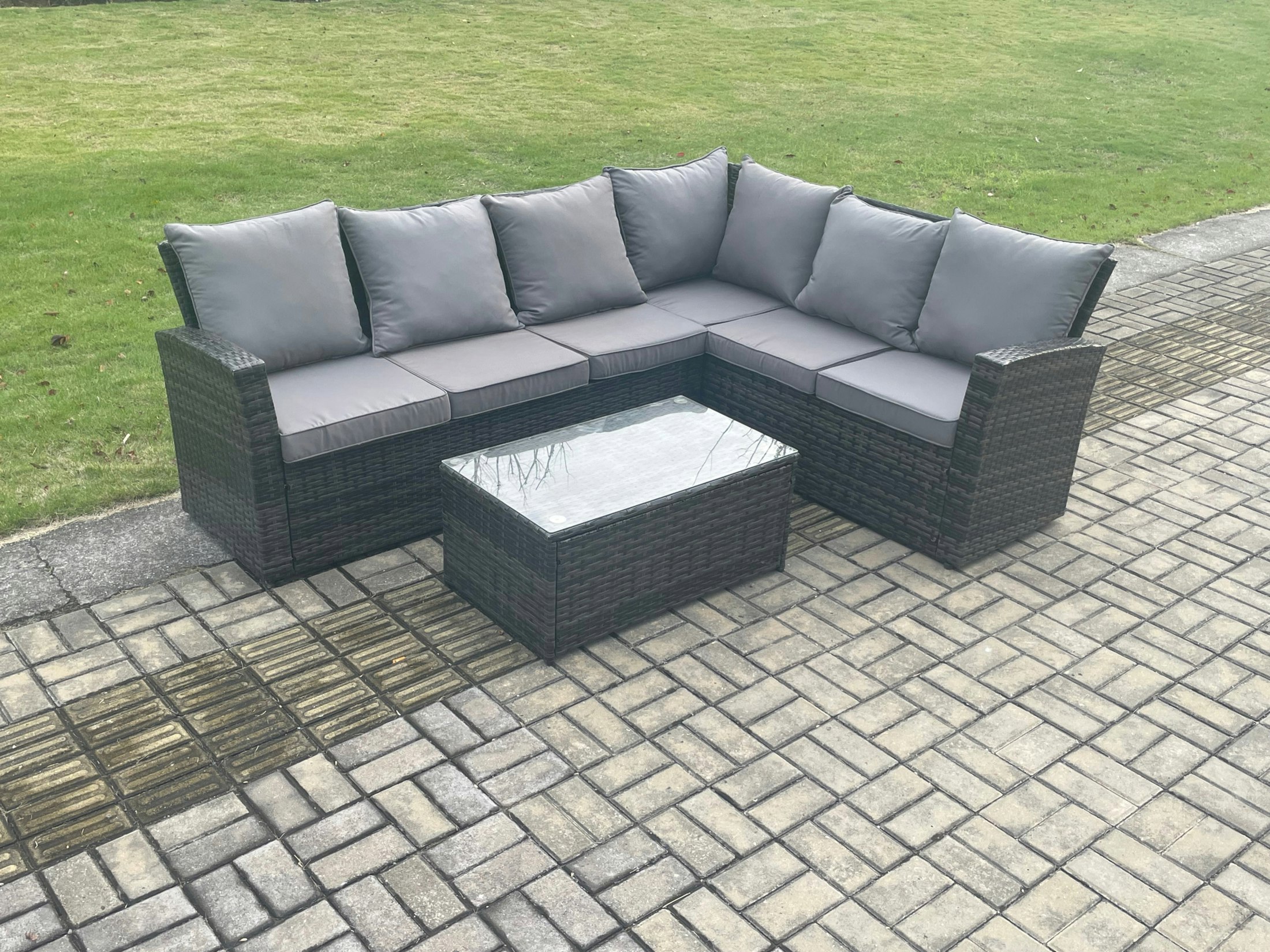 Rackhams Dark/Grey Wicker Pe Outdoor Garden Furniture Set High Back Rattan Corner Sofa Set With Rectangular Coffee Table