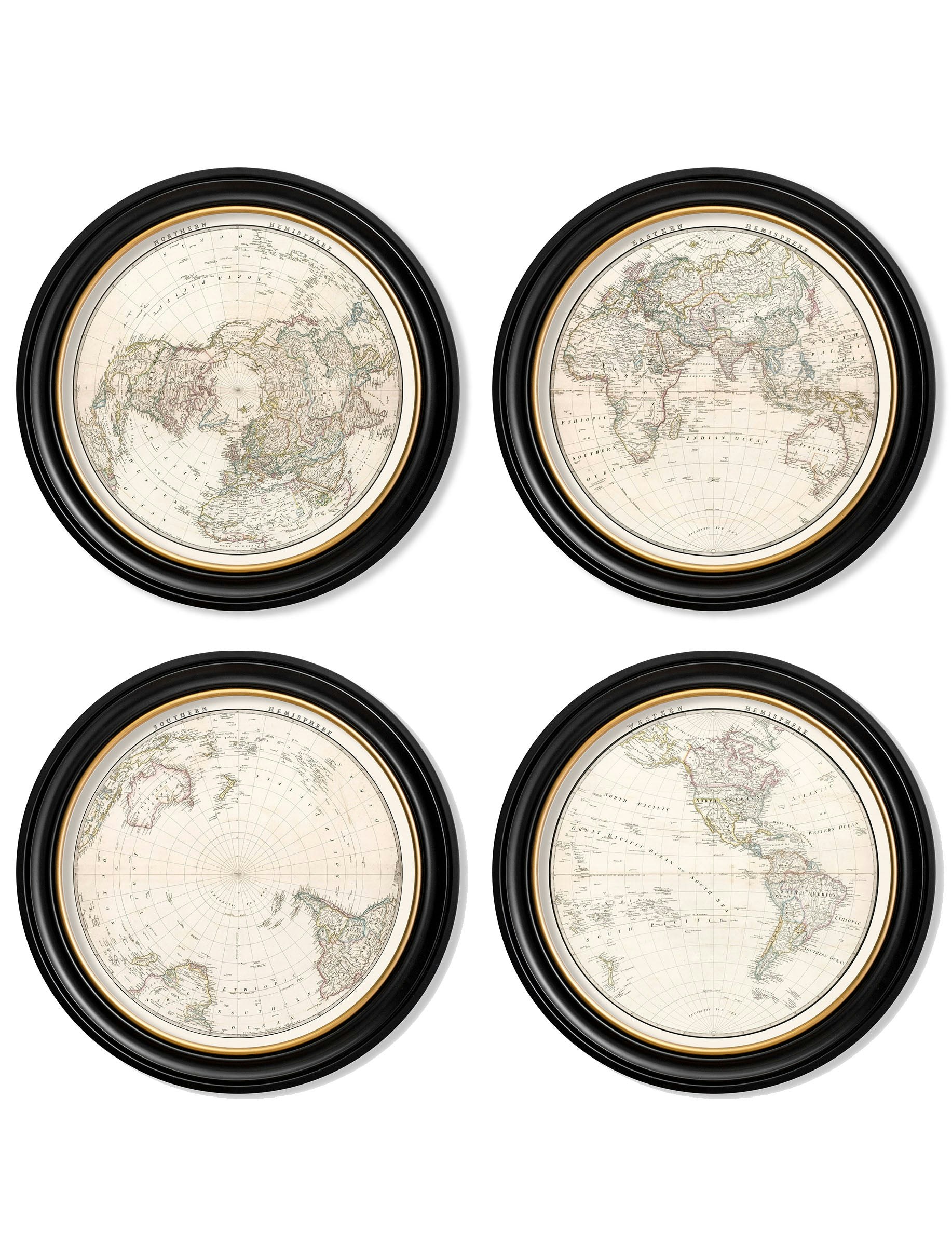 Rackhams Black C.1838 World Map Hemispheres In Round Frames - 120 X 120Cm - Collection Of 4