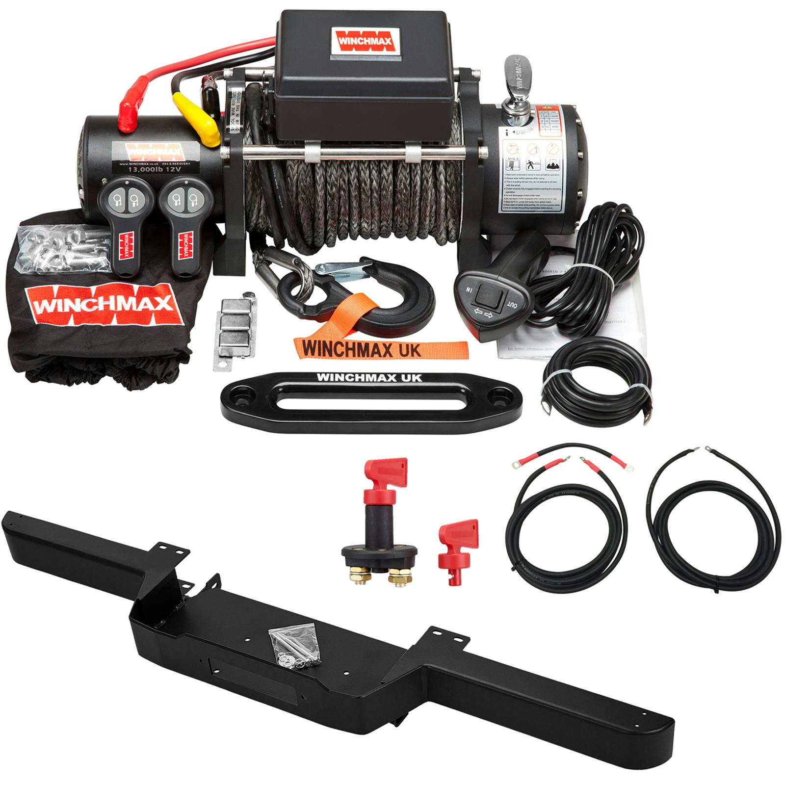 Winchmax 13,500Lb (6,123Kg) 12V Military Grade Winch Bumper Compatible With Defender 28M X 11Mm Dyneema Rope, Wiring Kit & Isolator