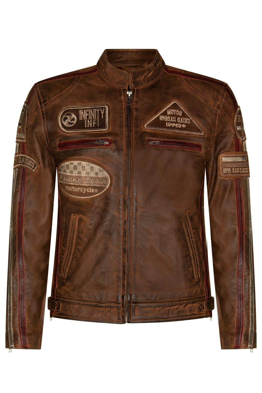 Infinity Leather Men's Racing Moto Badges Biker Leather Jacket - Uk 3XL | Eu 56 | Us 46 - Tan