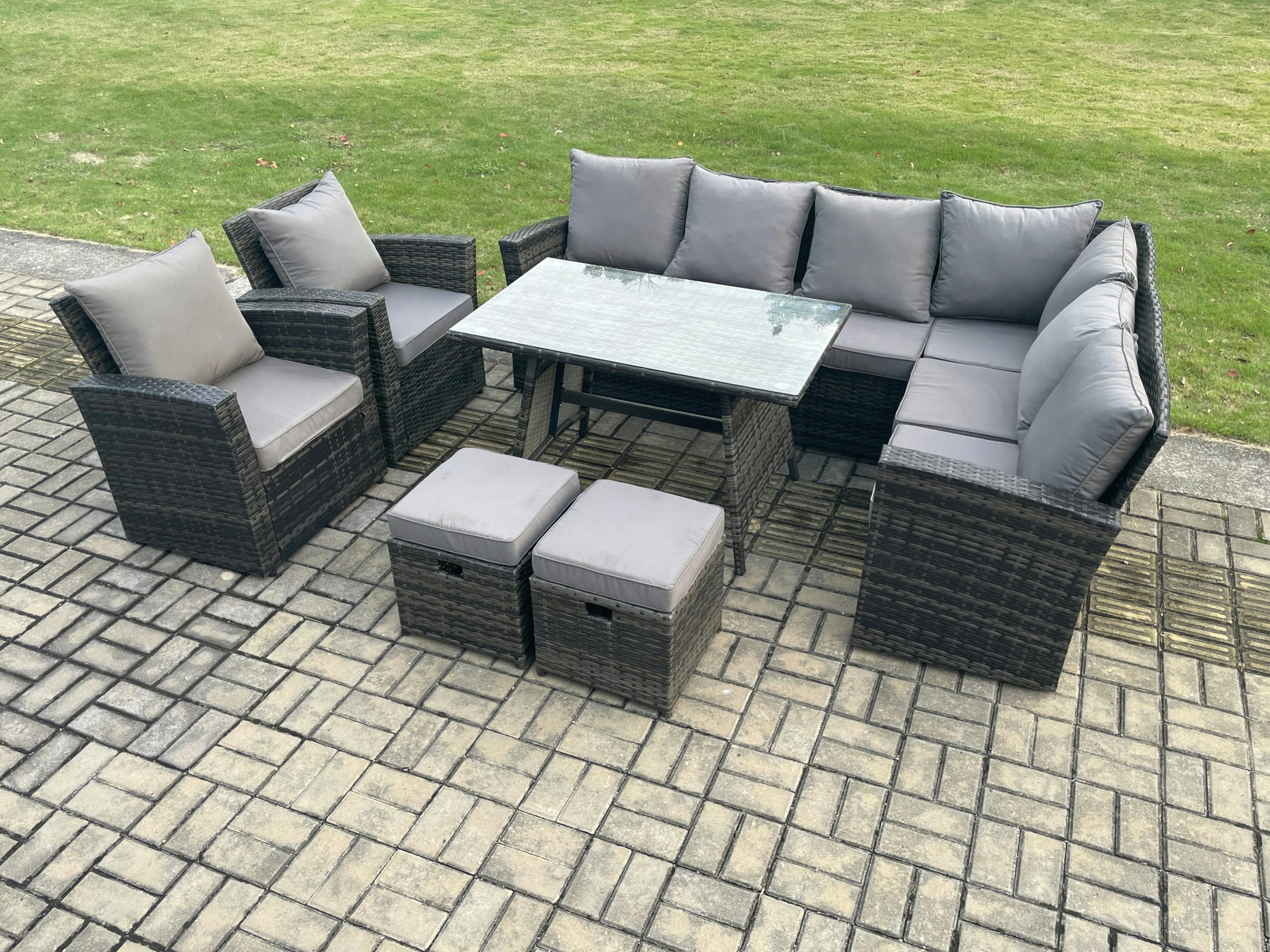 Rackhams Dark/Grey High Back Outdoor Garden Furniture Set Rattan Corner Sofa Dining Table Set With Armchairs 2 Small Footstools 10 Seater Mixed