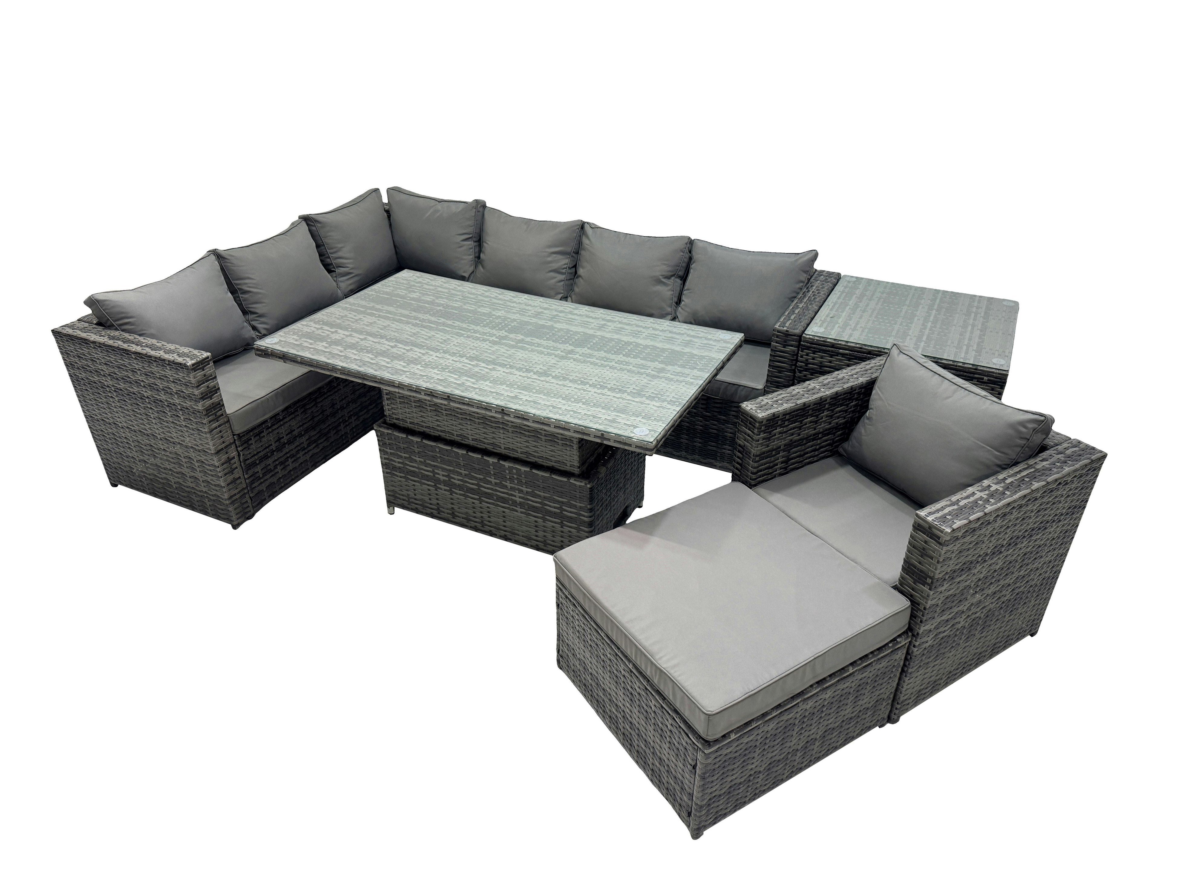 Fimous Dark/Grey 8 Seater Height Adjustable Rising Lifting Table Corner Sofa Set Rattan Garden Furniture Dining Set With Big Stool Side Table Mixed