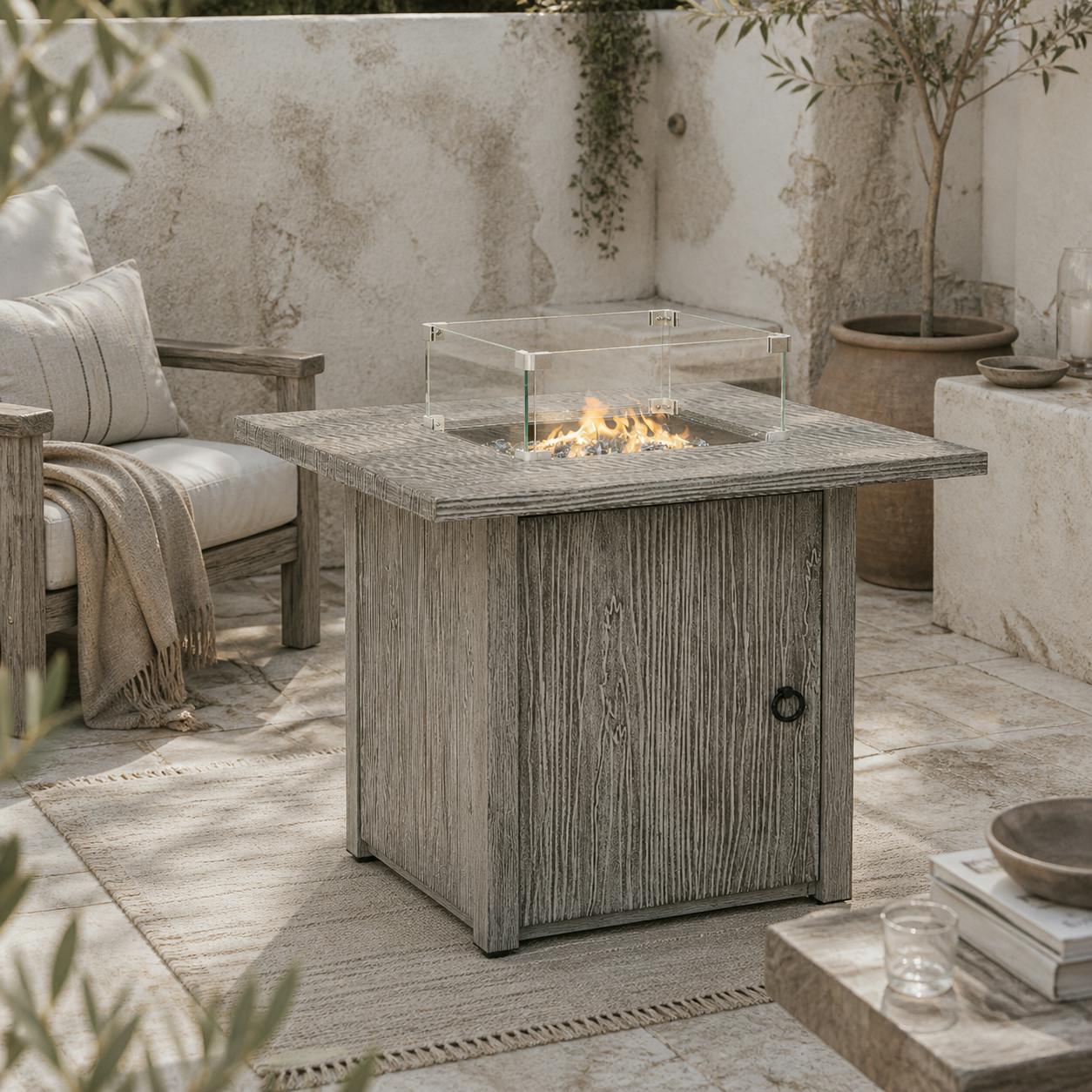 Wyld Haus Grey Vesoka Steel Square Garden Outdoor Gas Fire Pit Table With Cover And Glass Screen