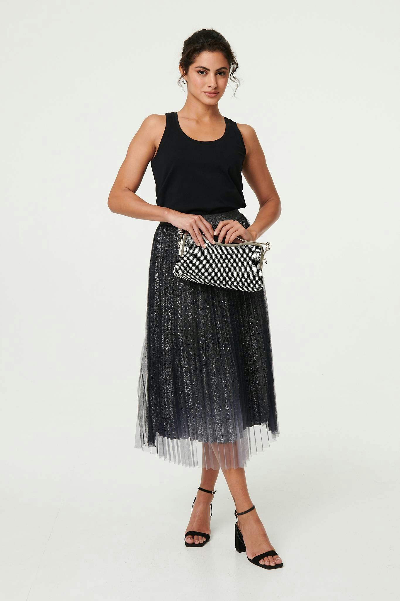 Izabel London Black Sparkly Semi Sheer High Waist Midi Skirt - 14