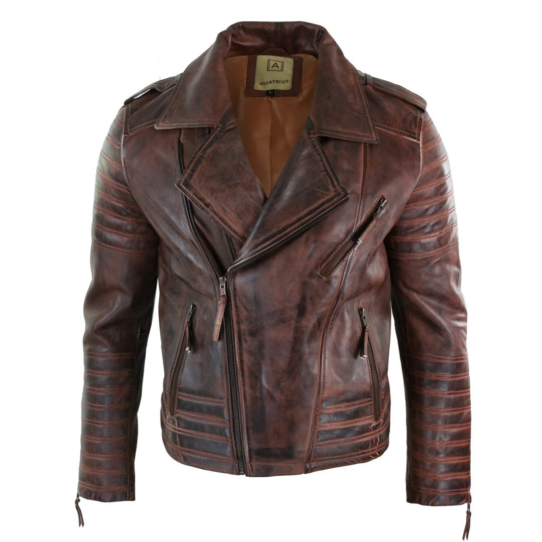 Aviatrix Men's Black Cross Zip Biker Jacket Leather Urban - Timber - 4XL