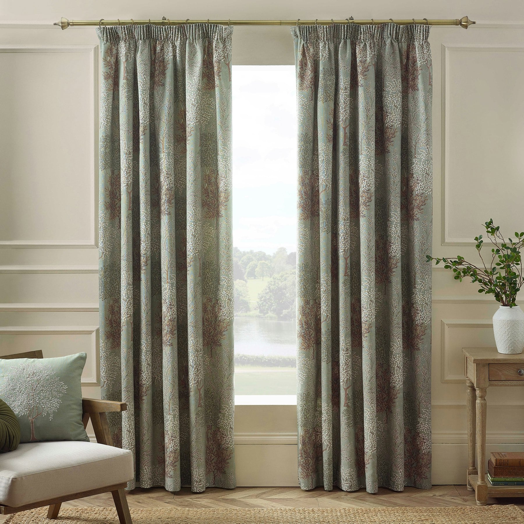 Rackhams Green Woodland Trees Lined Pencil Pleat Curtains - 46X72 Inch