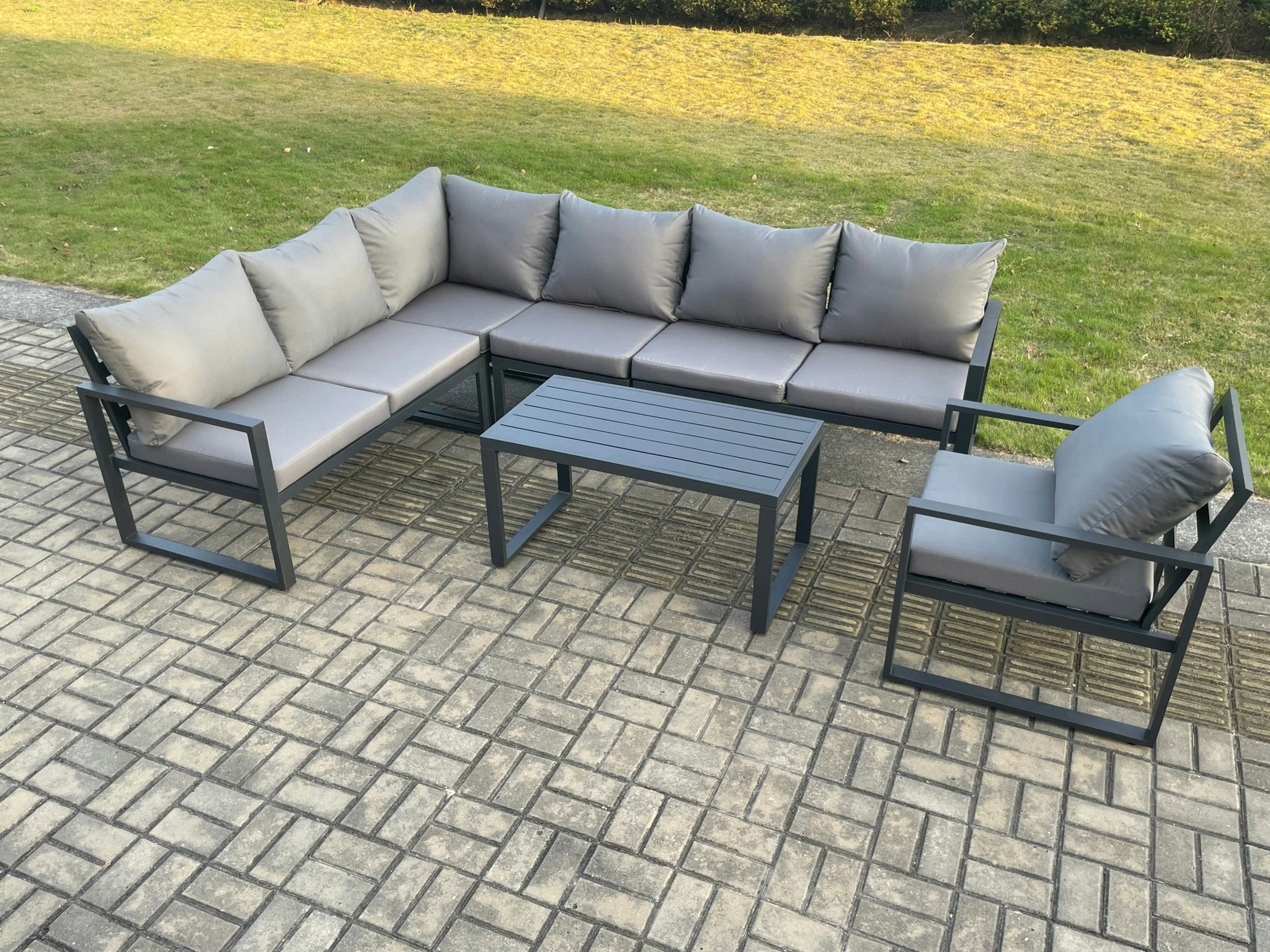 Rackhams Dark/Grey Aluminium Garden Furniture Set Outdoor Indoor Lounge Corner Sofa Chair Oblong Coffee Table Sets 7 Seater