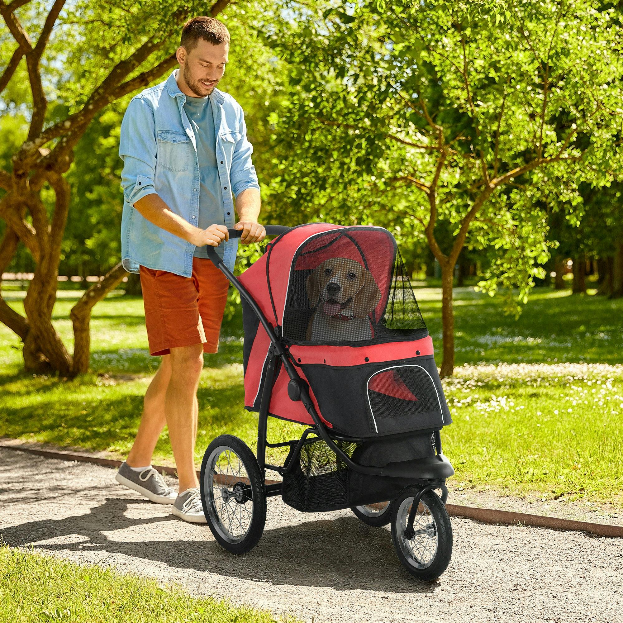 Pawhut Red 3 Wheel Pet Stroller, For Medium Small Dogs, Foldable Cat Pram