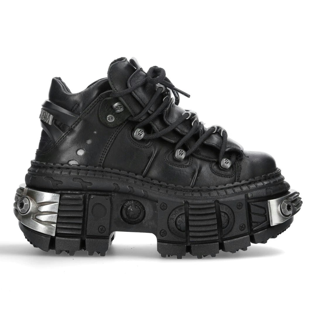 New Rock Unisex Black Boots Wall106-S10 Metallic Leather Platform Gothic Boots - Eu 44